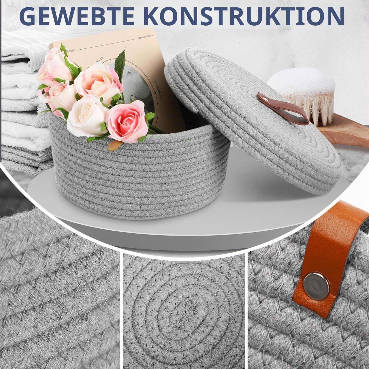 VILLCASE Aufbewahrungskorb Mit Deckel Geflochtener Seilkorb Aus Baumwollseil 2Er Set Groß Und Klein Für Home Office Kinderzimmer Und Wäsche 10.63 X 10.63 X 6.69 in