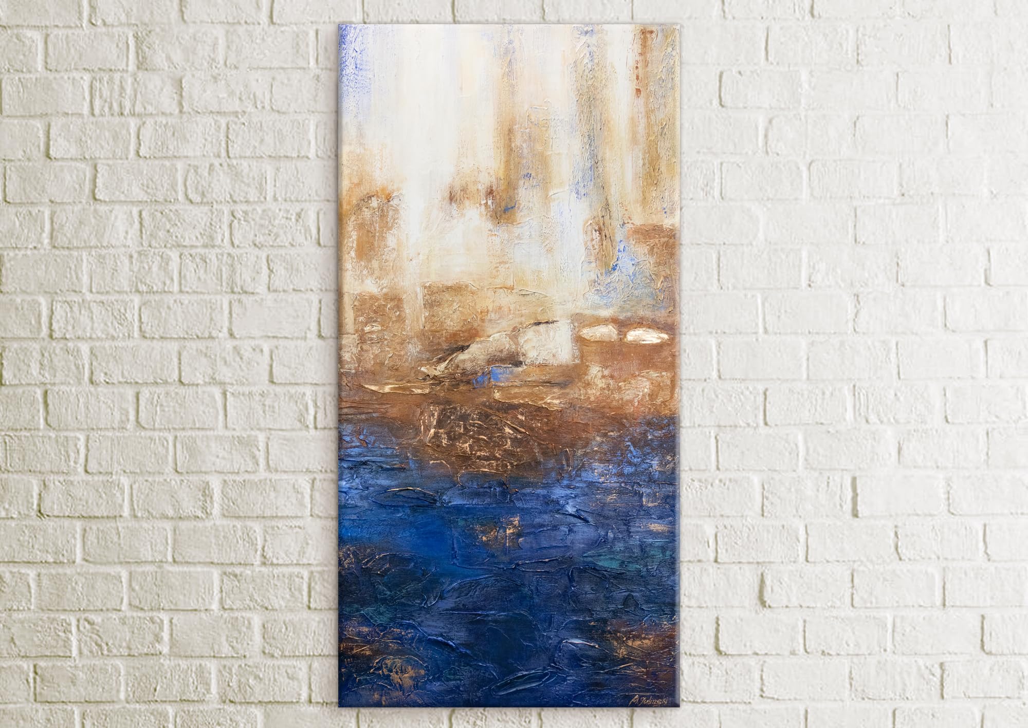 YS-Art Quadro Dipinto a Mano - Blu Beige Astratto Verticale, Acrilico