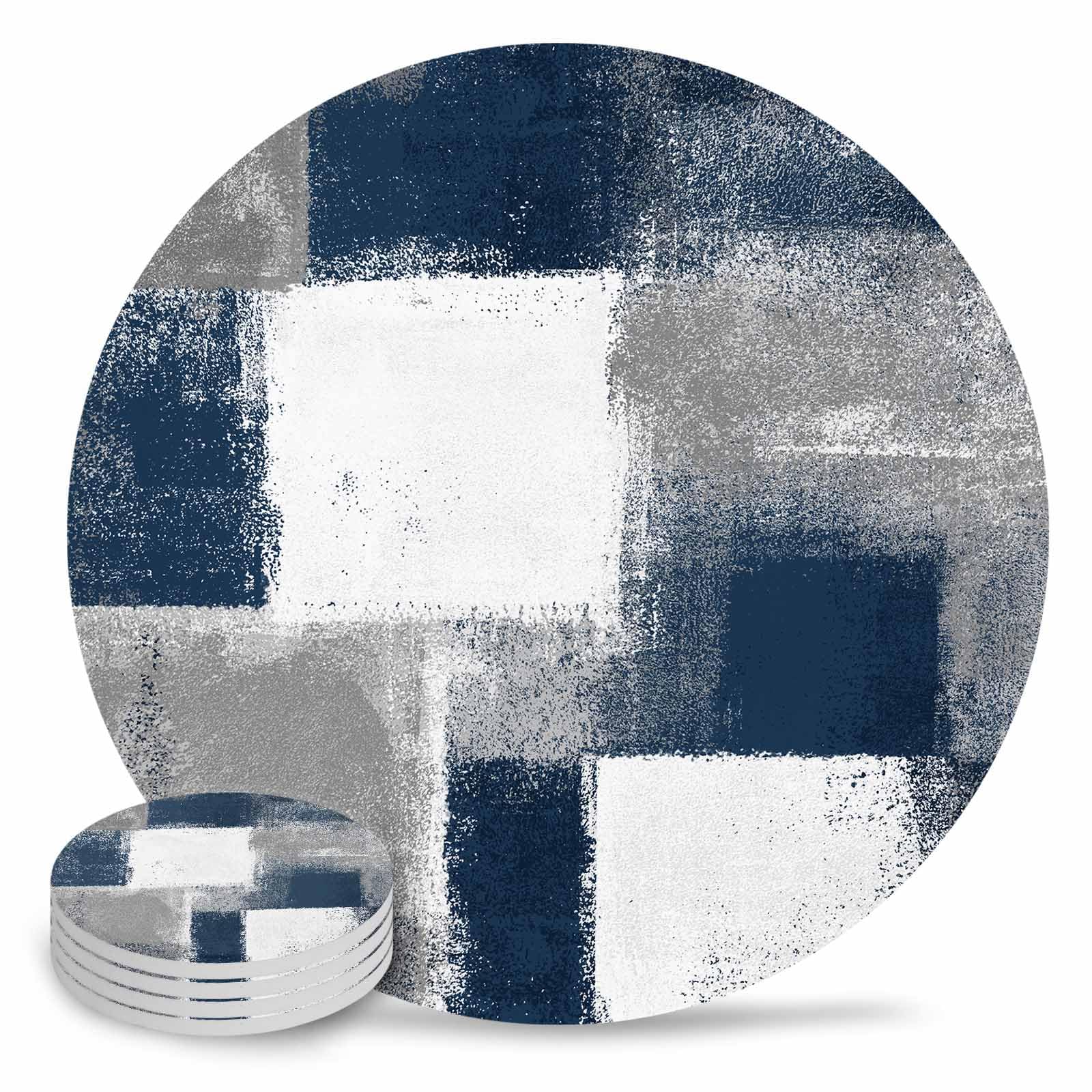 Coasters for Drinks with Holder, Blue and Grey Abstract Paint Art Graffiti Set of 8 Absorbent Ceramic Coasters with Cork Base, Ceramic Drink Coaster for Wooden Table Protection Bar Home Decor, 4 inch