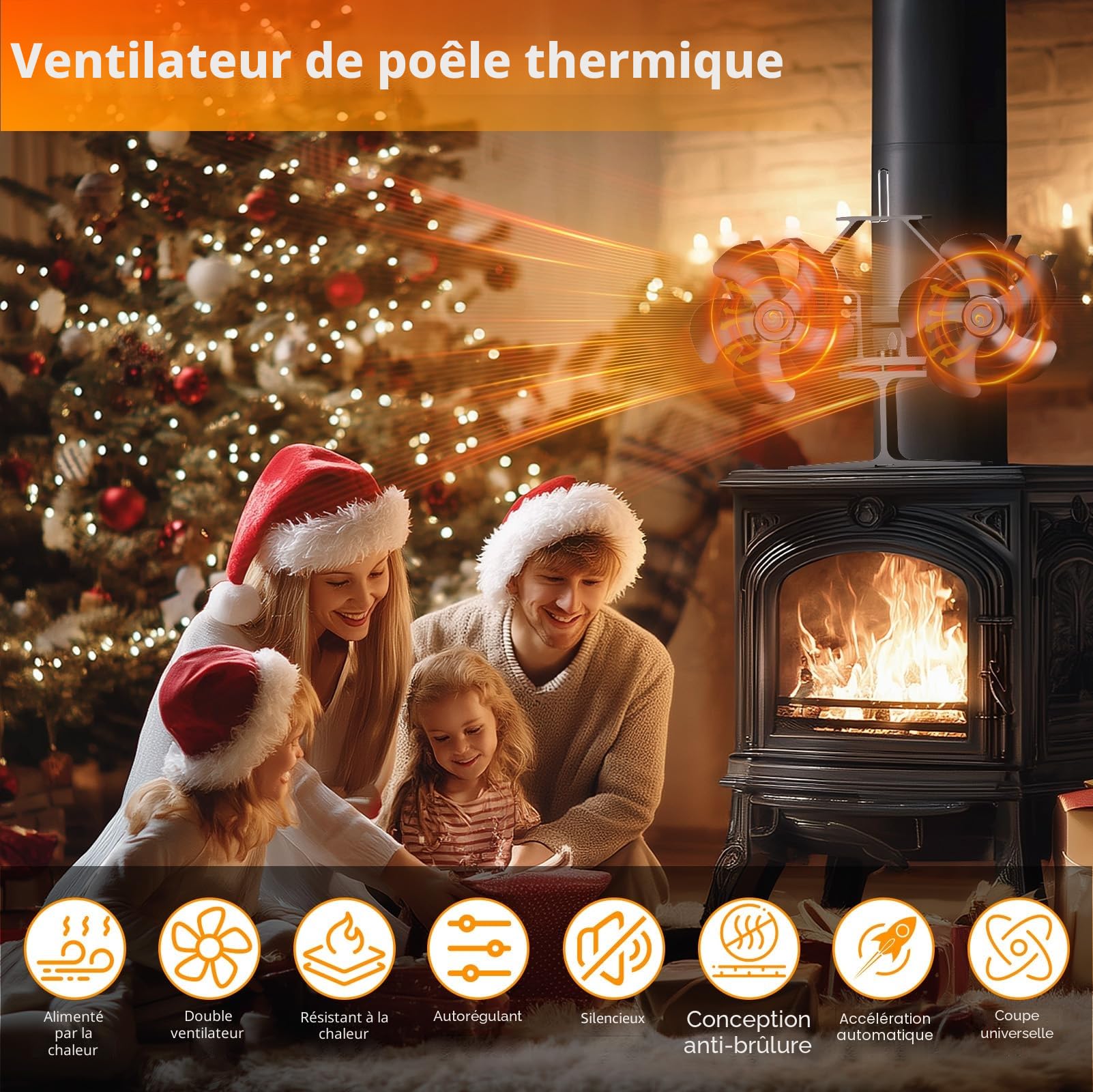Ventilateur Poele à Bois 10 Lames, Super Silencieux Ventilateur Cheminée Alimenté Par la Chaleur, Efficacité Accrue & Économie d'Énergie, pour Poêle à Bois/Cheminée/Gaz/Bûche de Poêle