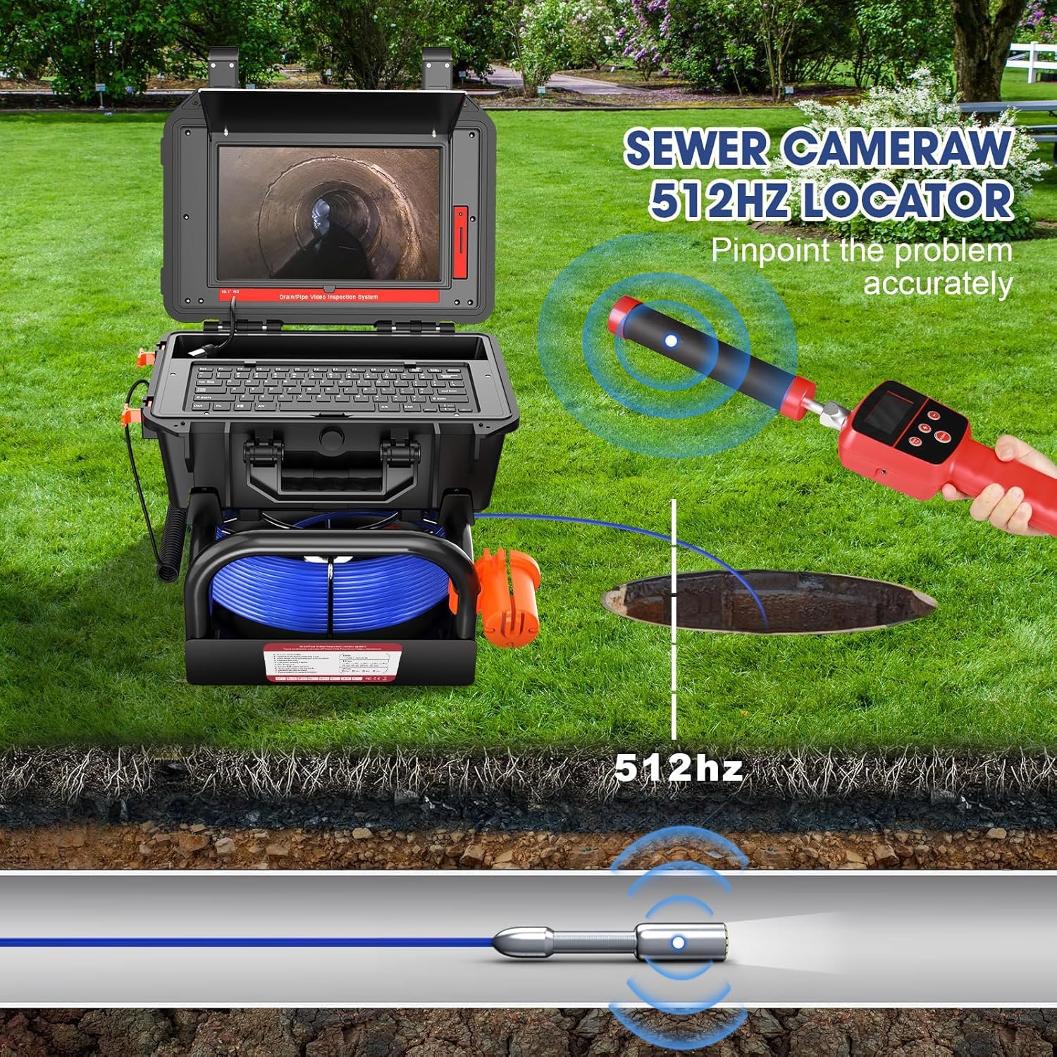 Oiiwak Sewer Camera with Locator, 10.1" 1080P Touch-Screen Pipe Inspection Camera with Self-Leveling, 512Hz Transmitter, Distance Counter for Drain Plumbing Pipe Sewer Line DVR/Audio Recording, 164FT