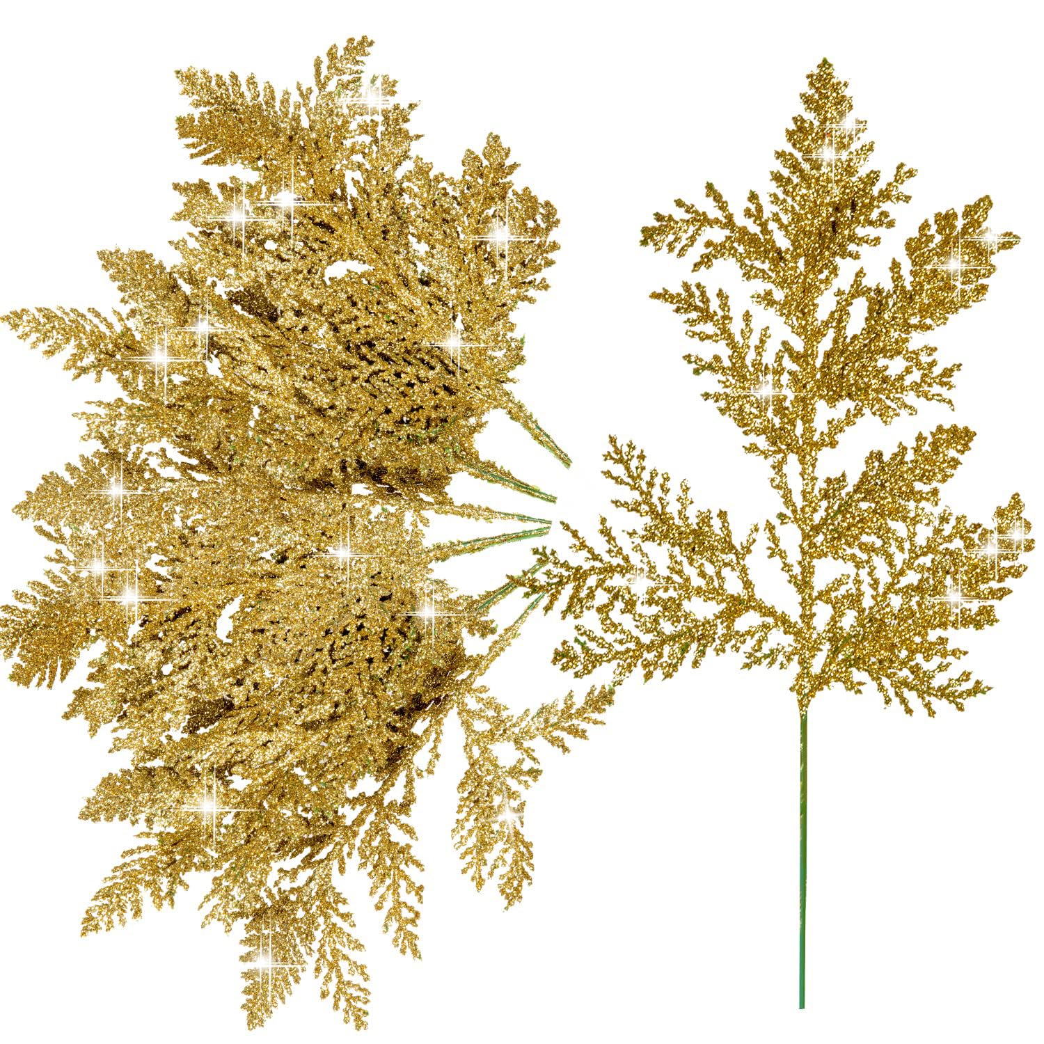 Excefore 24 Pcs Glitter Artificial Pine Needles, Glitter Picks for Tree, for Flower Greenery Tree Wreaths and Home Garden Decor(Gold)