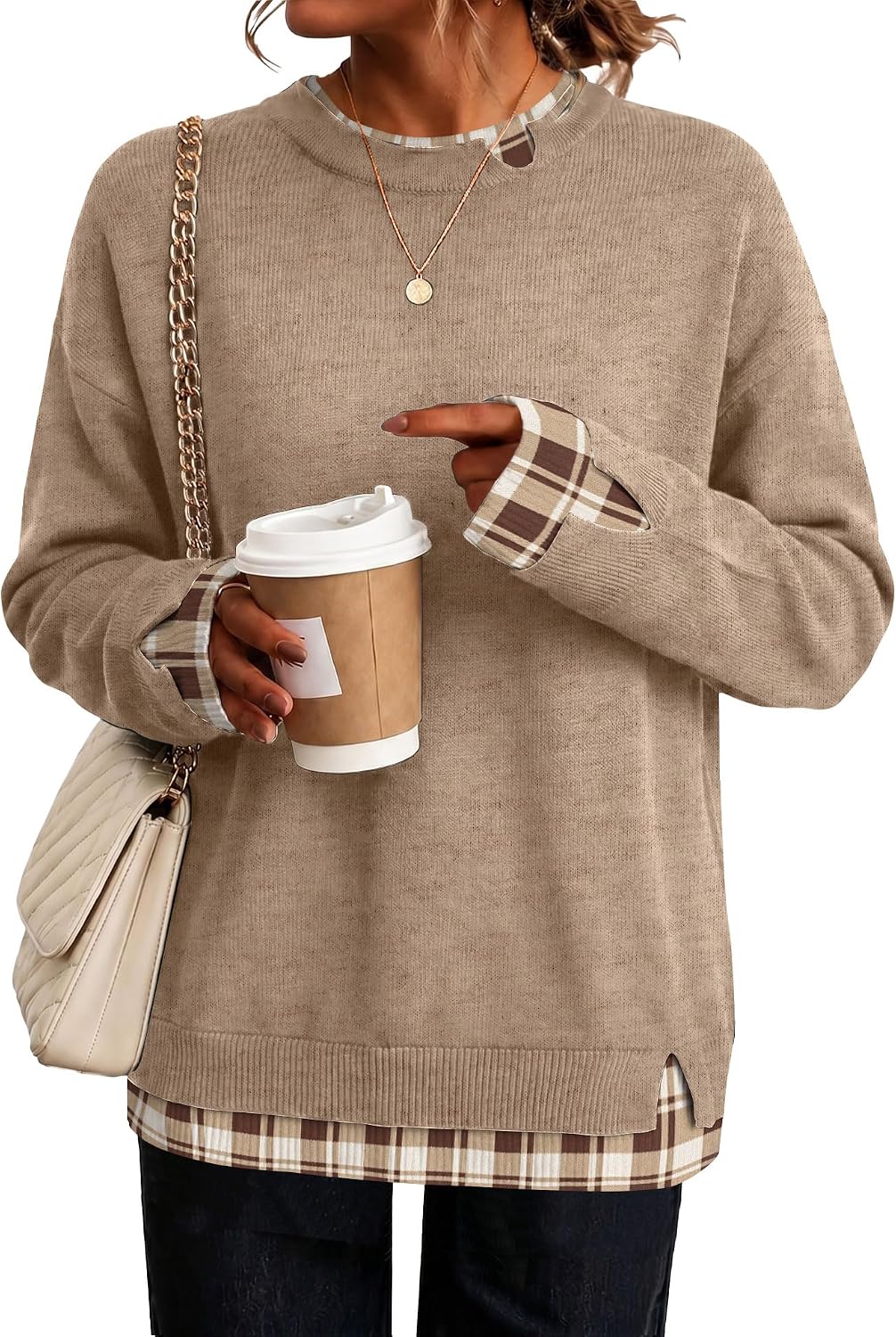 LOMON Womens Sweaters Cozy Long Sleeve Pullover Tops Faux Layered Sweaters