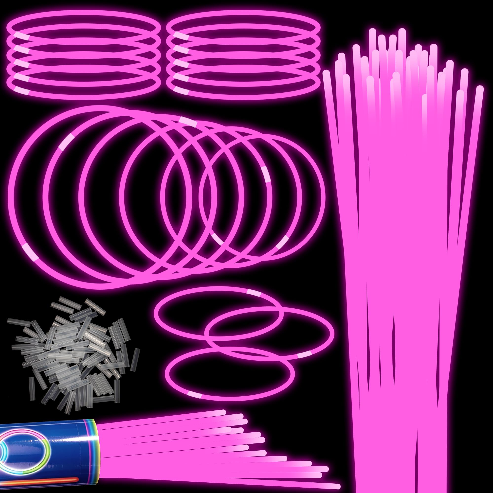 Paquete de 100 varillas brillantes rosas de 22 pulgadas a granel, suministros de fiesta extralargos que brillan en la oscuridad, pulseras y collares ultra brillantes para Halloween, alternativas de
