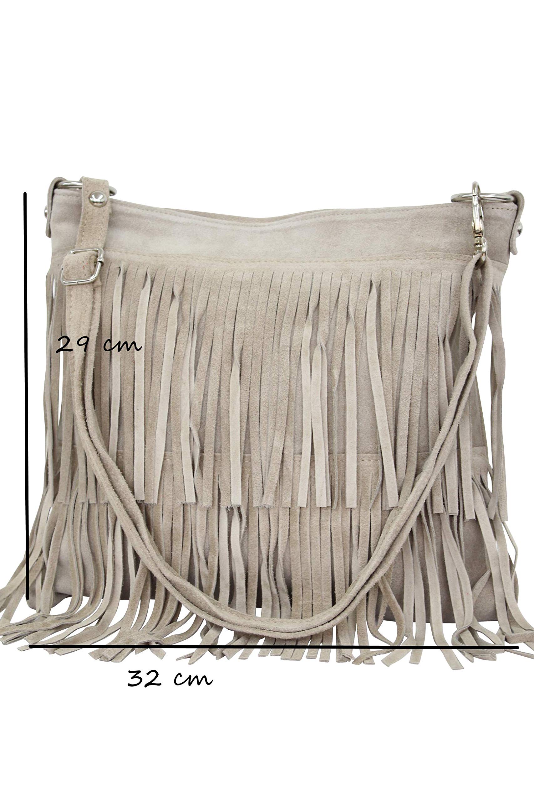AMBRA Moda Damen Handtasche Ledertasche Umhängetasche Fransentasche Schultertasche Damentasche Wildleder 32 cm x 29 cm x 2 cm WL809 (Cognac)