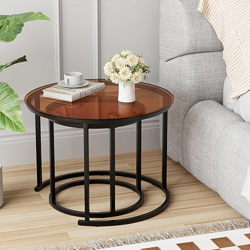 Miniatura 56 de aboxoo Juego de 2 mesas auxiliares blancas con marco dorado, circulares redondas y con patrón de mármol, mesas de madera, sala de estar, dormitorio,