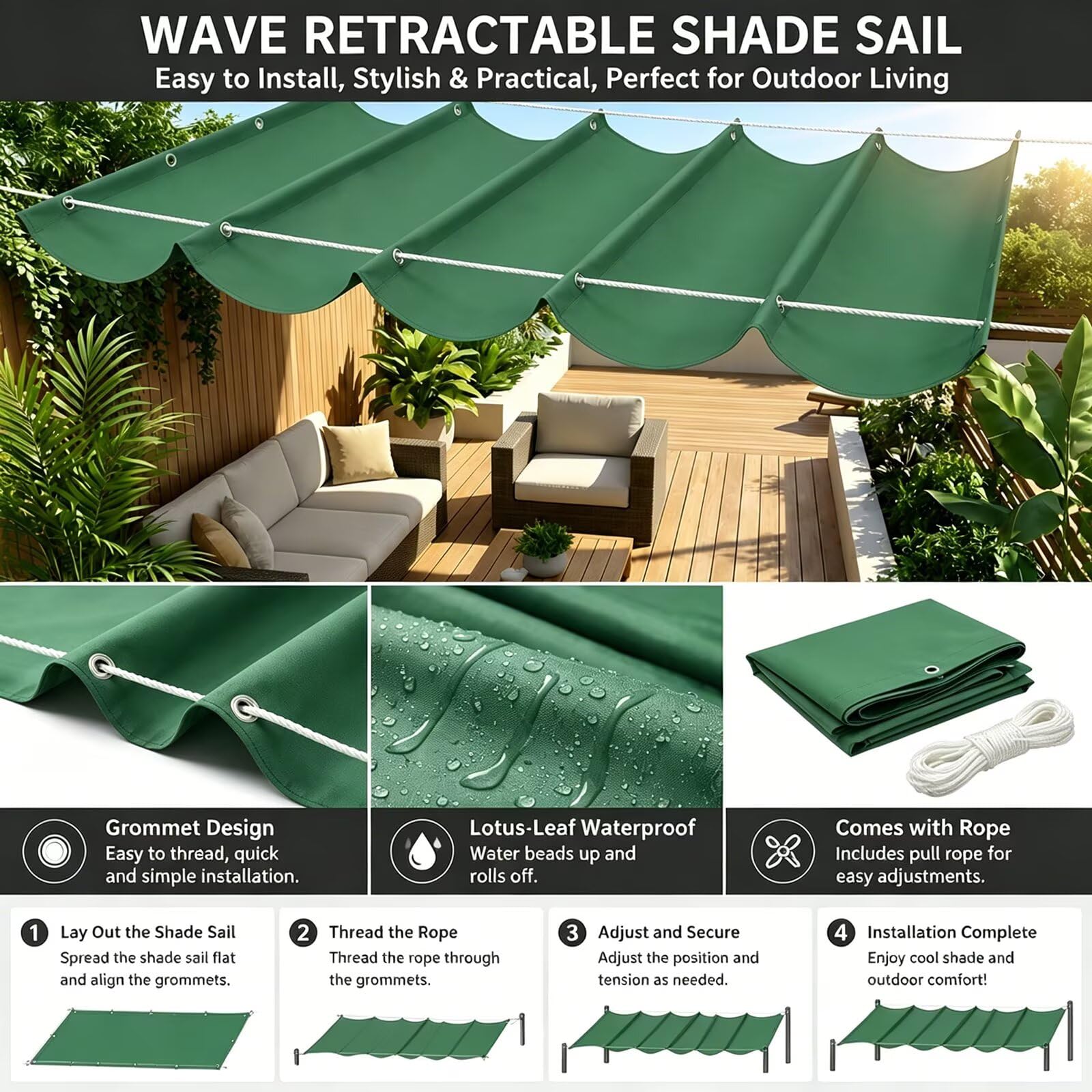 Wellen Sonnensegel Ausziehbar 2.5x3m Seilspannmarkise 230g² Wasserdicht | 230g/m² Oxford-Gewebe blockiert UV-Strahlen,wasserdicht,hitzeisoliert,langlebig,flexibel ausziehbar & leicht zu montieren.