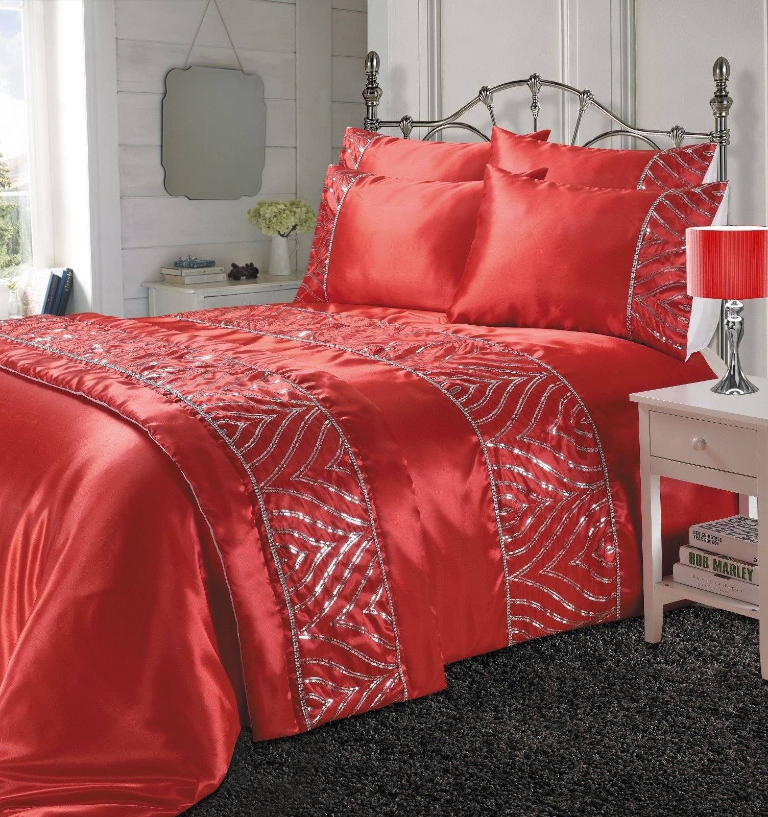 Artistic Fashionista Luxurious Silk Polyester SHIMMER Design Duvet Quilt Cover Bedding Set With Pillowcases - Bed Runner Available And Sold Separately! (Red, King Size Duvet Cover Set)