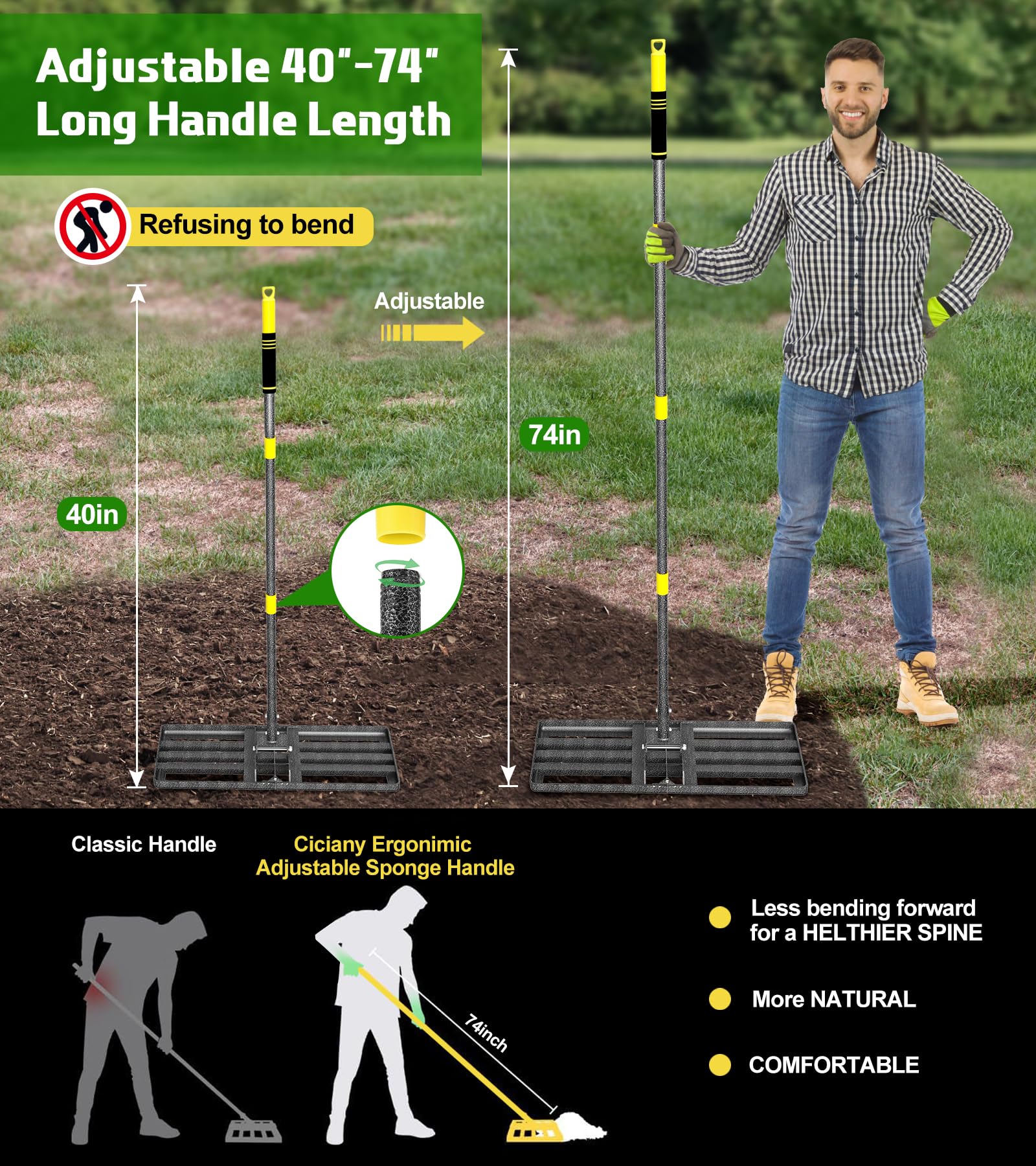 Rastrillo nivelador de césped de 30 x 10 pulgadas, herramienta niveladora de césped con mango ajustable de 6.2 pies de largo para césped, rastrillo de paisaje resistente para patio, jardín, campo de