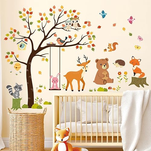 Miniatura 2 de DECOWALL SG-2208 Calcomanías de pared de árboles y animales, para guardería, niños, otoño, dormitorio, habitación de bebé, bosque, ciervo, bosque,
