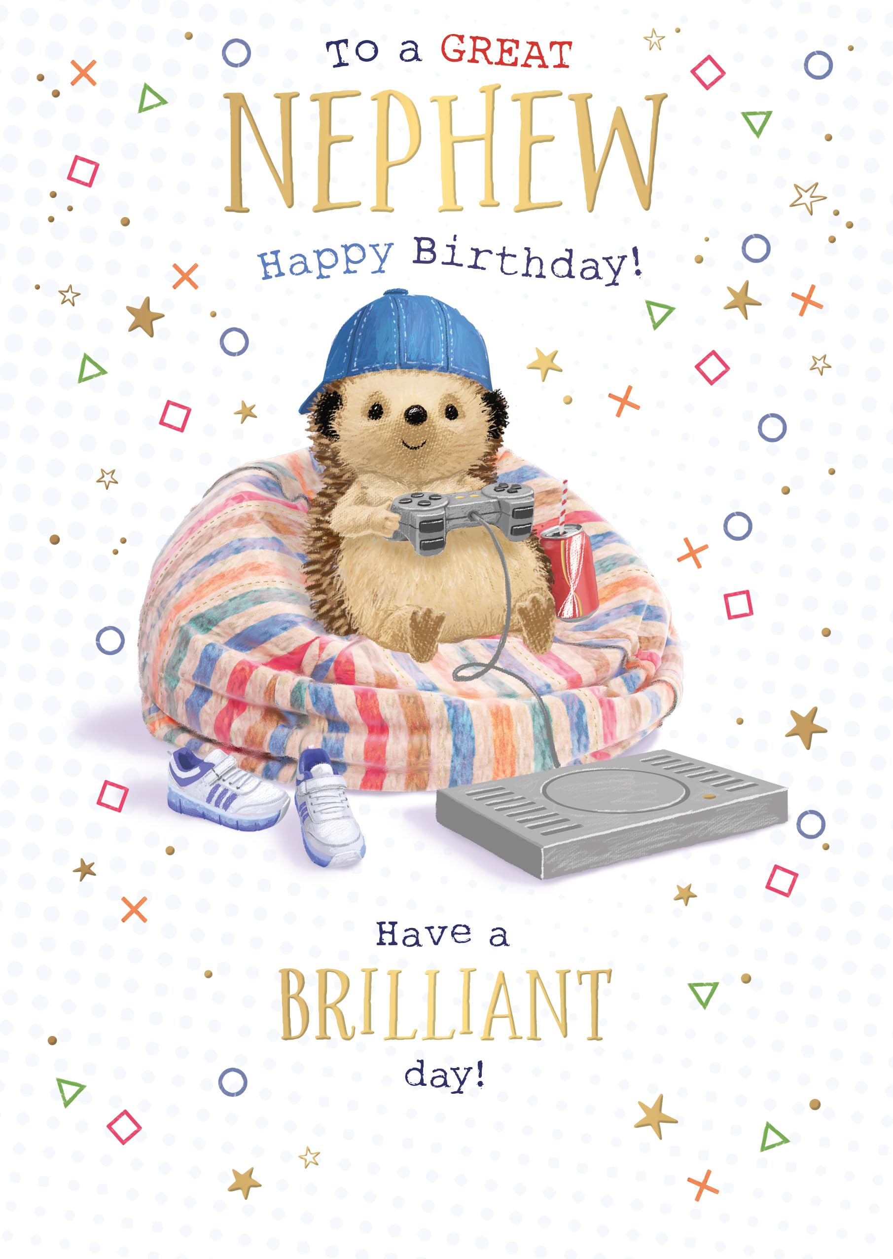 Words 'n' Wishes Great Nephew Large Birthday Card for Boys - Gaming Hedgehog in Basketball Cap with Embossed Foil Details - Eco-Friendly