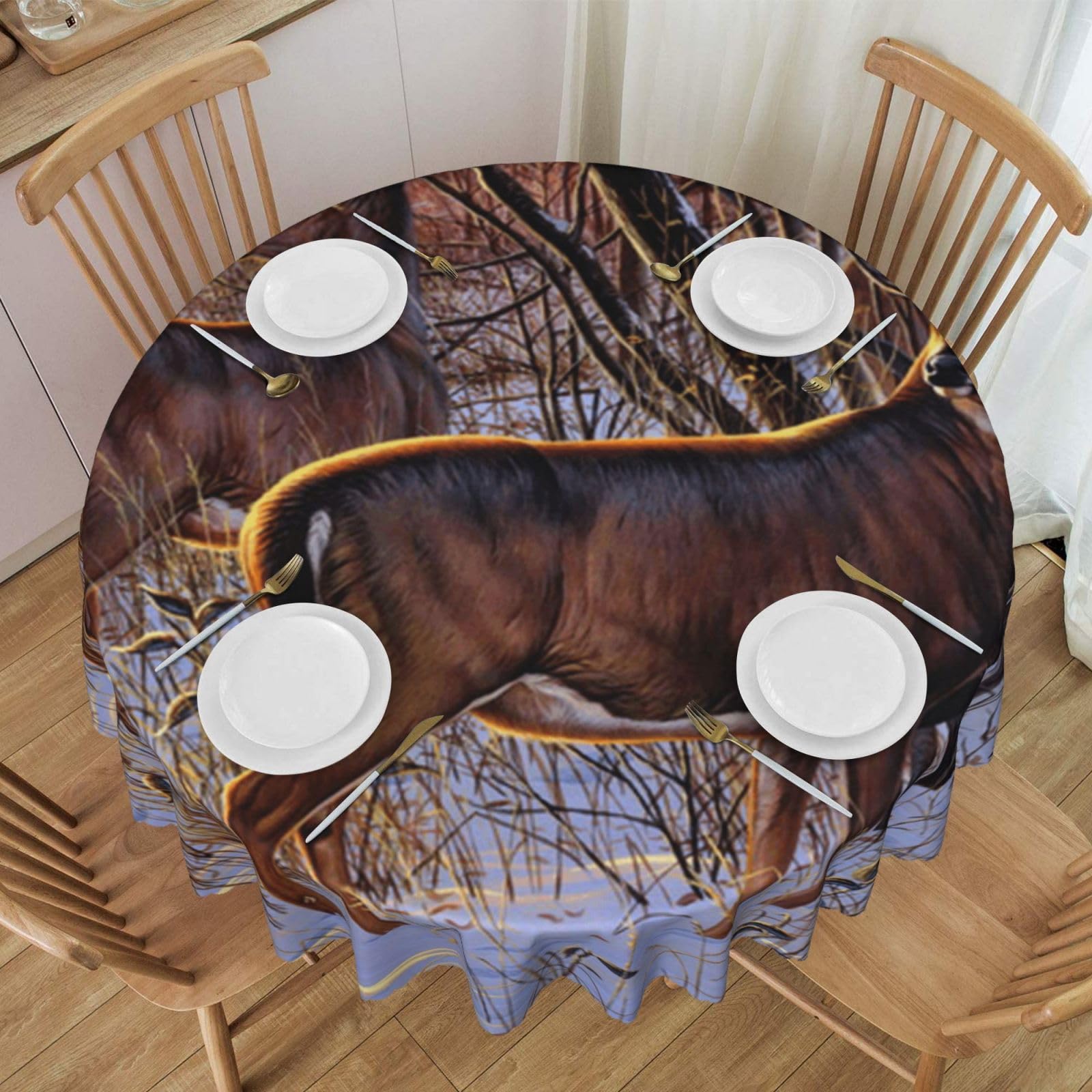 DCEHGEW 60 In Round Tablecloth with Lace, Deers Picture Printed Oilproof & Washable Fabric Picnic Table Cloth Table Covers