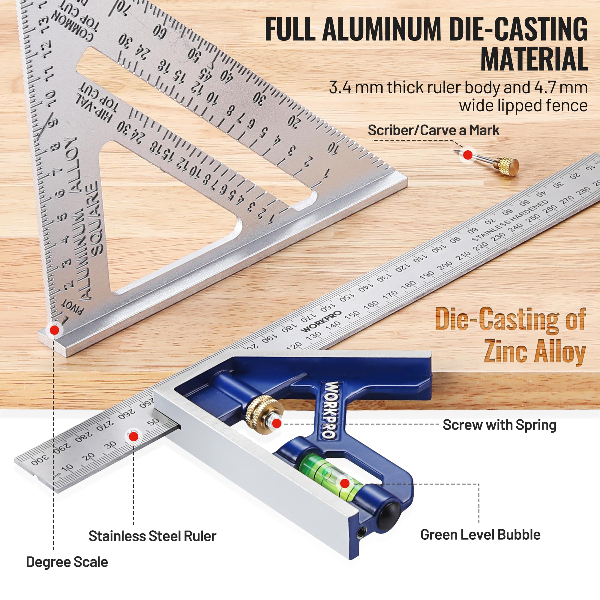 WORKPRO 180 mm Speed Square and 300 mm Combination Square Set, Aluminum Speed Square, Stainless Steel Combination Square - Image 2