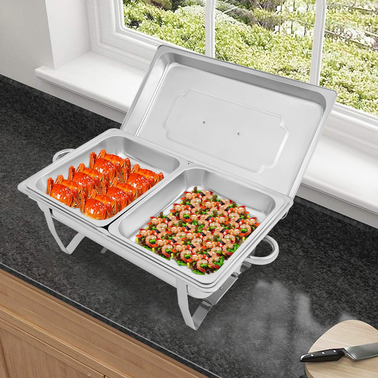 Chafing Dish - Set da buffet rettangolare in acciaio inox da 7,5 l, pieghevole, contenitore termico per catering, buffet e feste