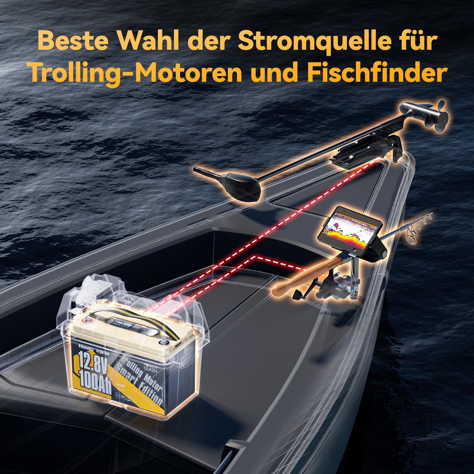 Power Queen LiFePO4 12V 100Ah Bluetooth Batterie, mit Tieftemperaturschutz und 100A BMS, Max. 15000 Zyklens,1280Wh Lithium Batterie geeignet für Trolling-Motoren, Boot