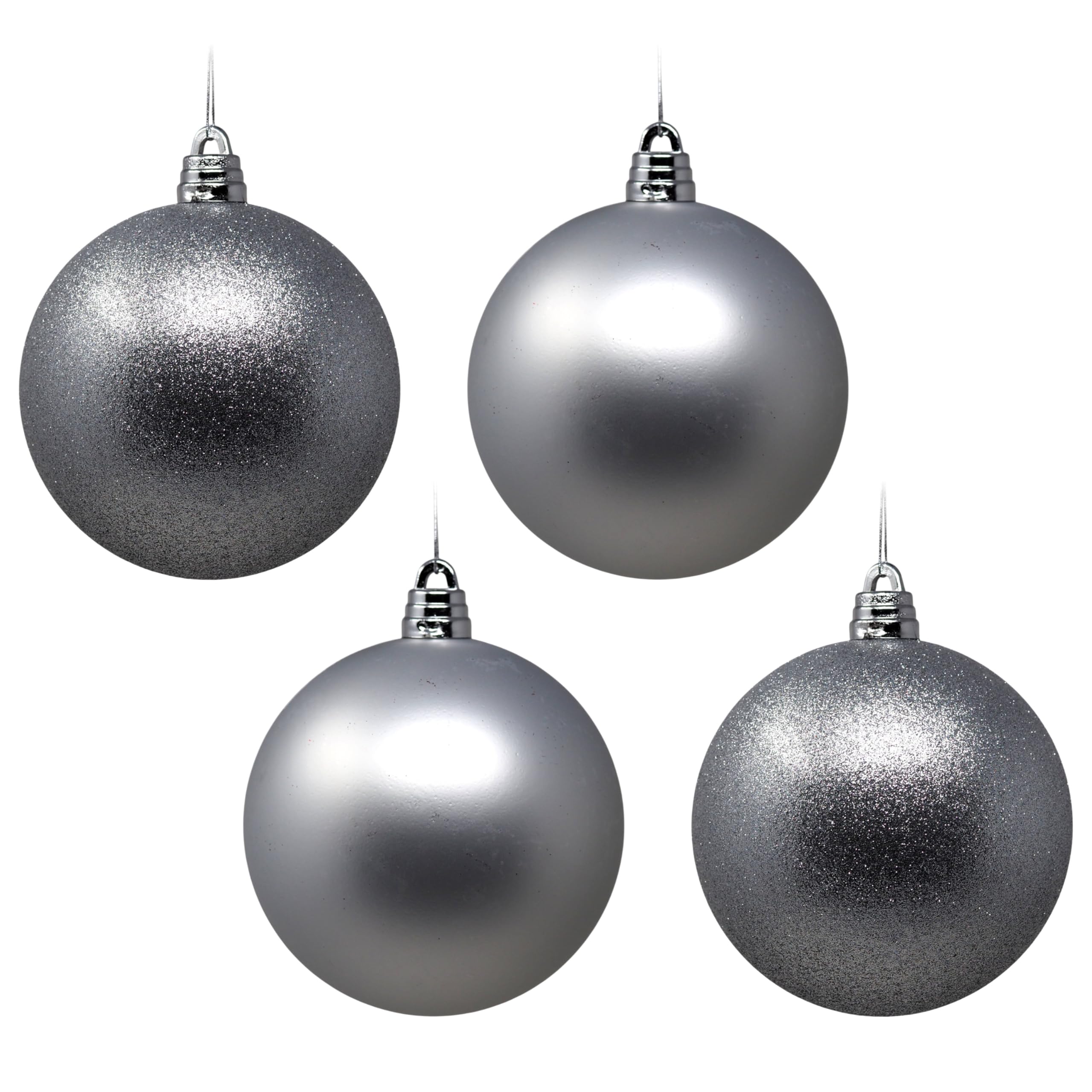 Large 15cm Christmas Tree Baubles Silver - Matte & Glitter - Set of 4