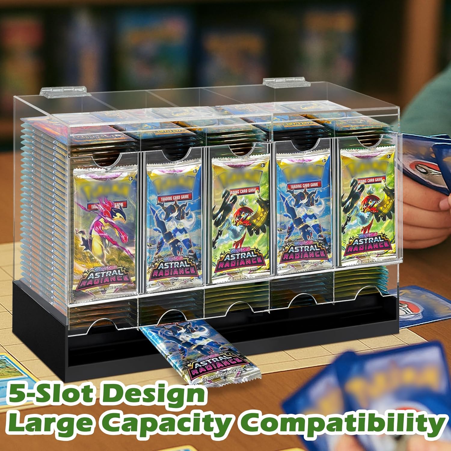 5-Slot Booster Pack Dispenser with Non-Slip Base,Acrylic Card Pack Dispenser Fits 200 Booster Packs for Dispensing,Card Holders Storage Case for Trading Card and Sports Card Packs
