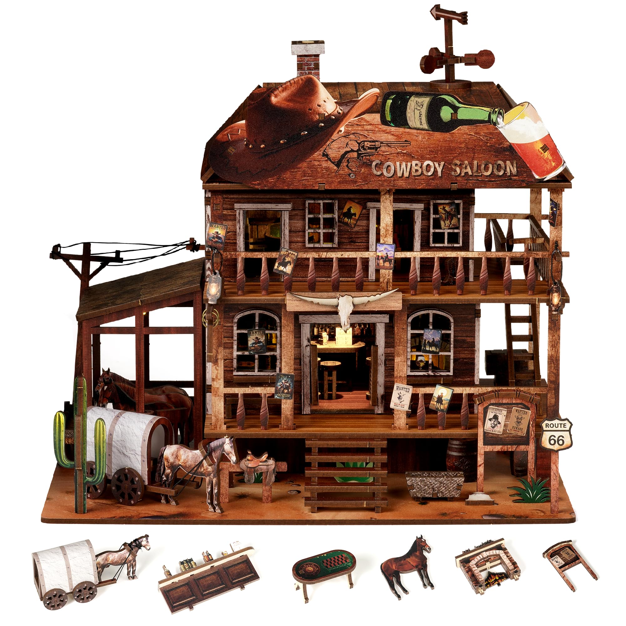 Cowboy Saloon Miniature Kit - DIY Miniature House Kit for Adults, Teens, Dollhouse Booknook Bookshelf Insert Decor with LED Light, 3D Wooden Puzzle Gifts for Family, Friends