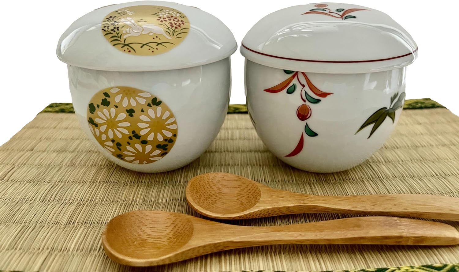 Japanese Chawan-mushi Cups with Lid and Spoon, 3.3 x H3.3 Inches, 5.0 fl. Ounces, Traditional Ancient Japanese floral pattern, Mino Ware, Set of 2, from Japan M19389