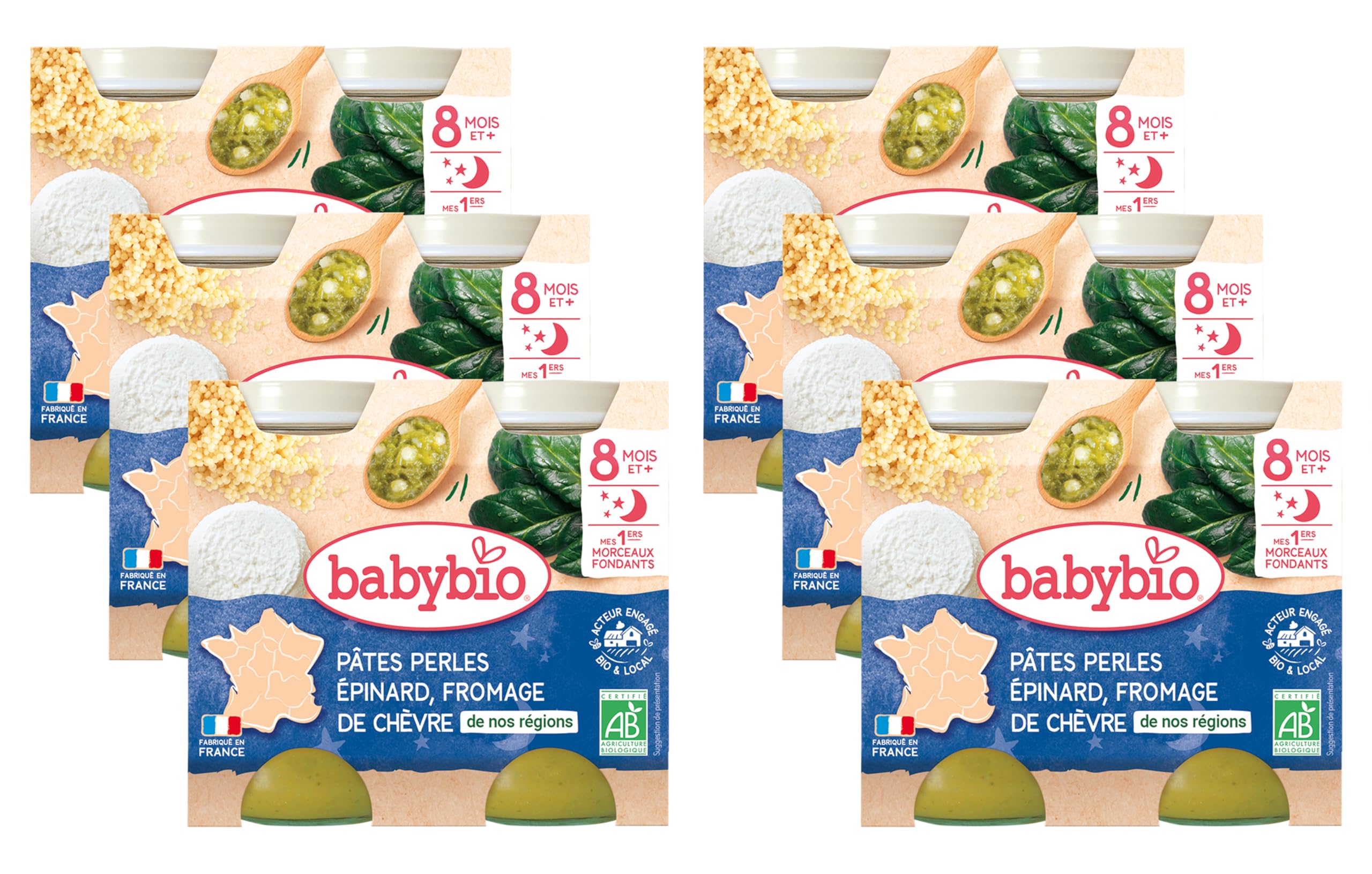 Babybio - Petits pots - Pâtes perles Epinard & Fromage de chèvre avec morceaux - BIO - 8+ mois - 2x200g - Lot de 6