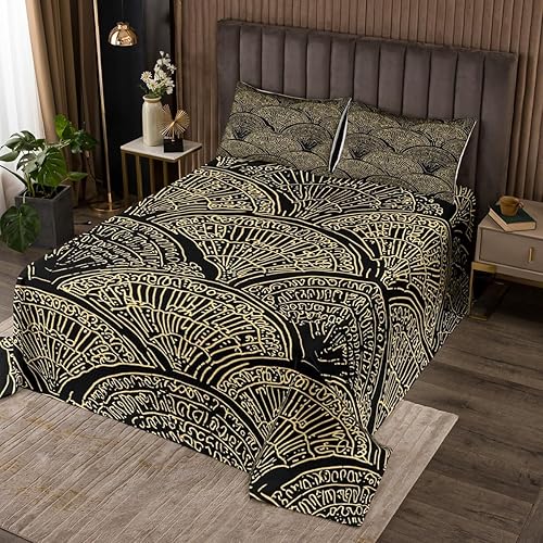 Erosebridal Juego de colcha geométrica ondulada tamaño King, juego de colcha étnica dorada y negra en forma de abanico con plumas ornamentadas y