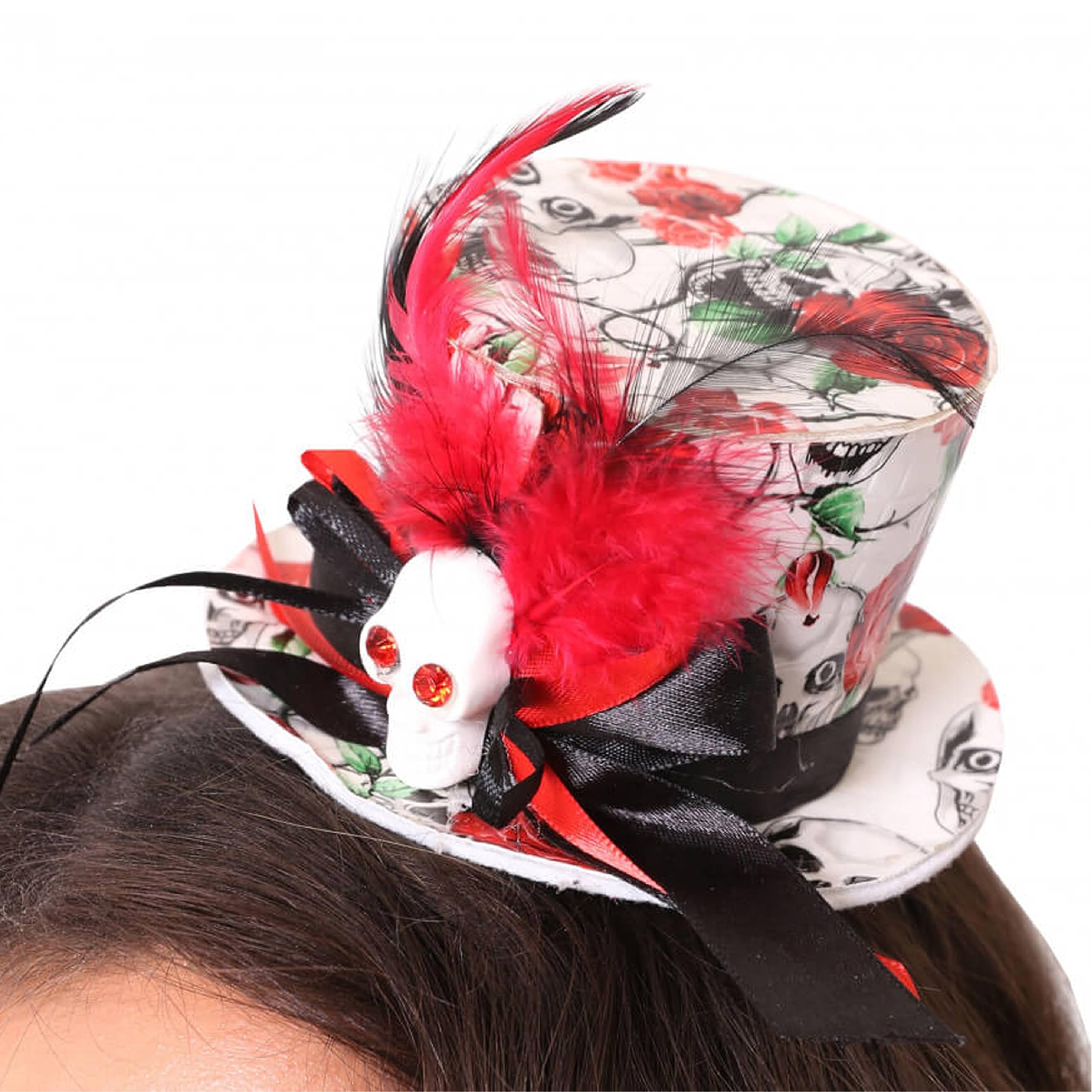 Red Skull Mini Fascinator Top Hat - White Top Hat, Skull and Red Rose Print - Perfect for Day of the Dead, Halloween and Other Fancy Dress Events - Pack Of 24