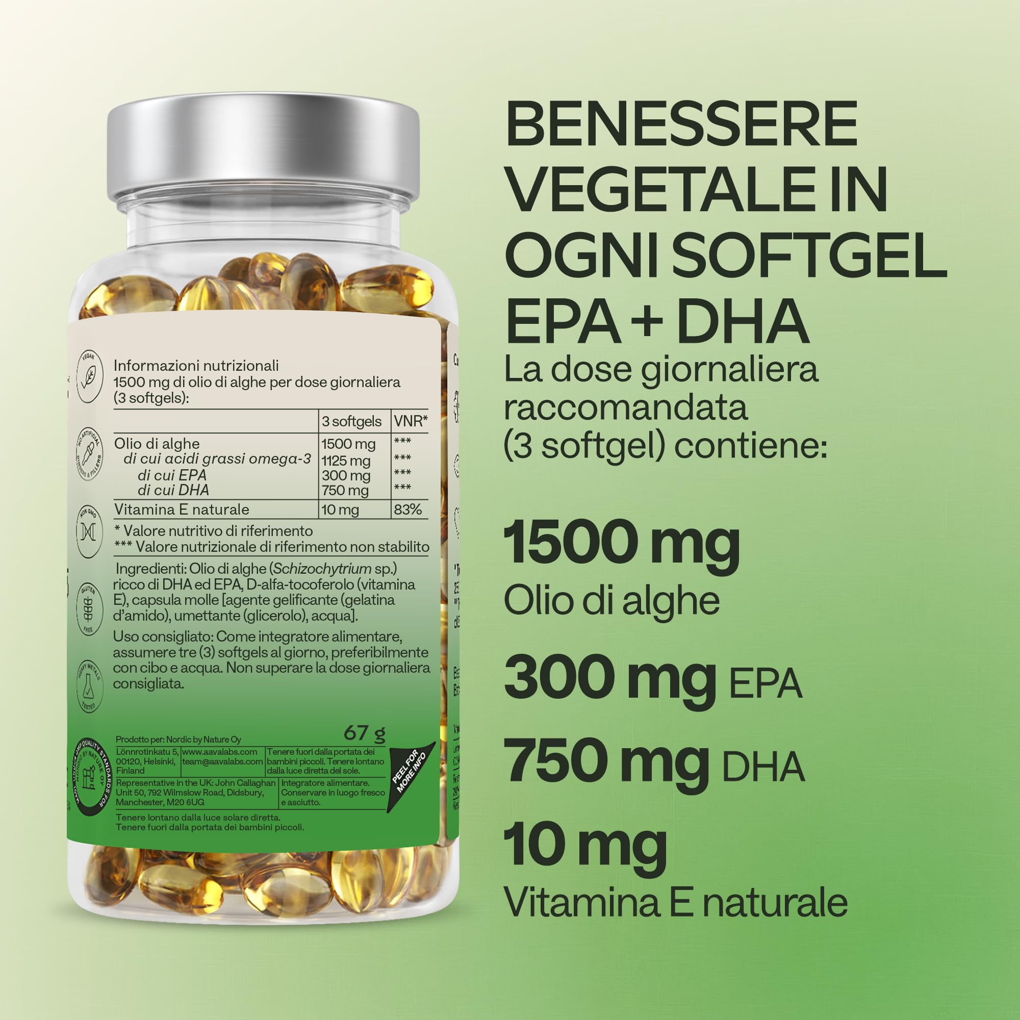 Omega 3 Vegan ad Alta Efficienza [1500 mg] Omega3 con 750mg DHA e 300mg EPA per Dose Giornaliera - Integratore Omega 3 da Olio di Alghe Vegetale Puro Sostenibile - 90 Softgel