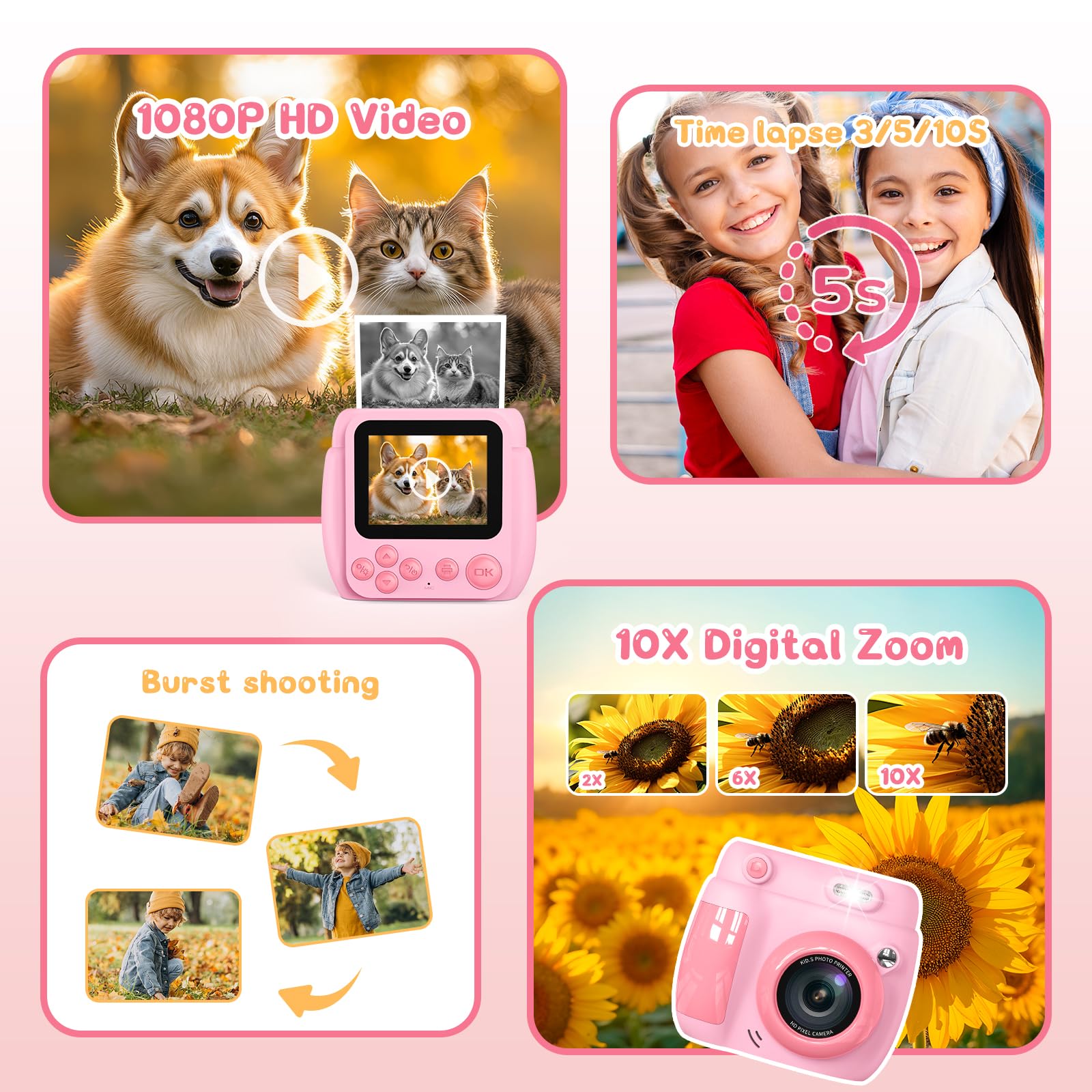 Gofunly Macchina Fotografica Bambini Istantanea, 2,4 Pollici Schermo Fotocamera Istantanea per Bambini con 32GB Scheda, 1080P HD Fotocamera Digitale Bambini Regalo per Ragazze Ragazzi da 3-12 Anni