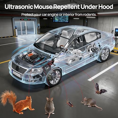Miniatura 2 de Paquete de 2 repelentes de roedores para motores de automóvil, repelente ultrasónico de plagas de ratas para automóvil debajo del capó, alimentado