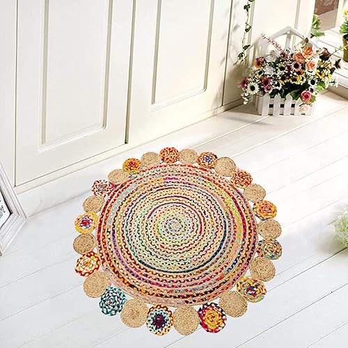 Miniatura 6 de Eleet Alfombra reversible de algodón hecha a mano, 4 pies, multicolor, tejida a mano, trenzada (4 pies, algodón redondo y yute)