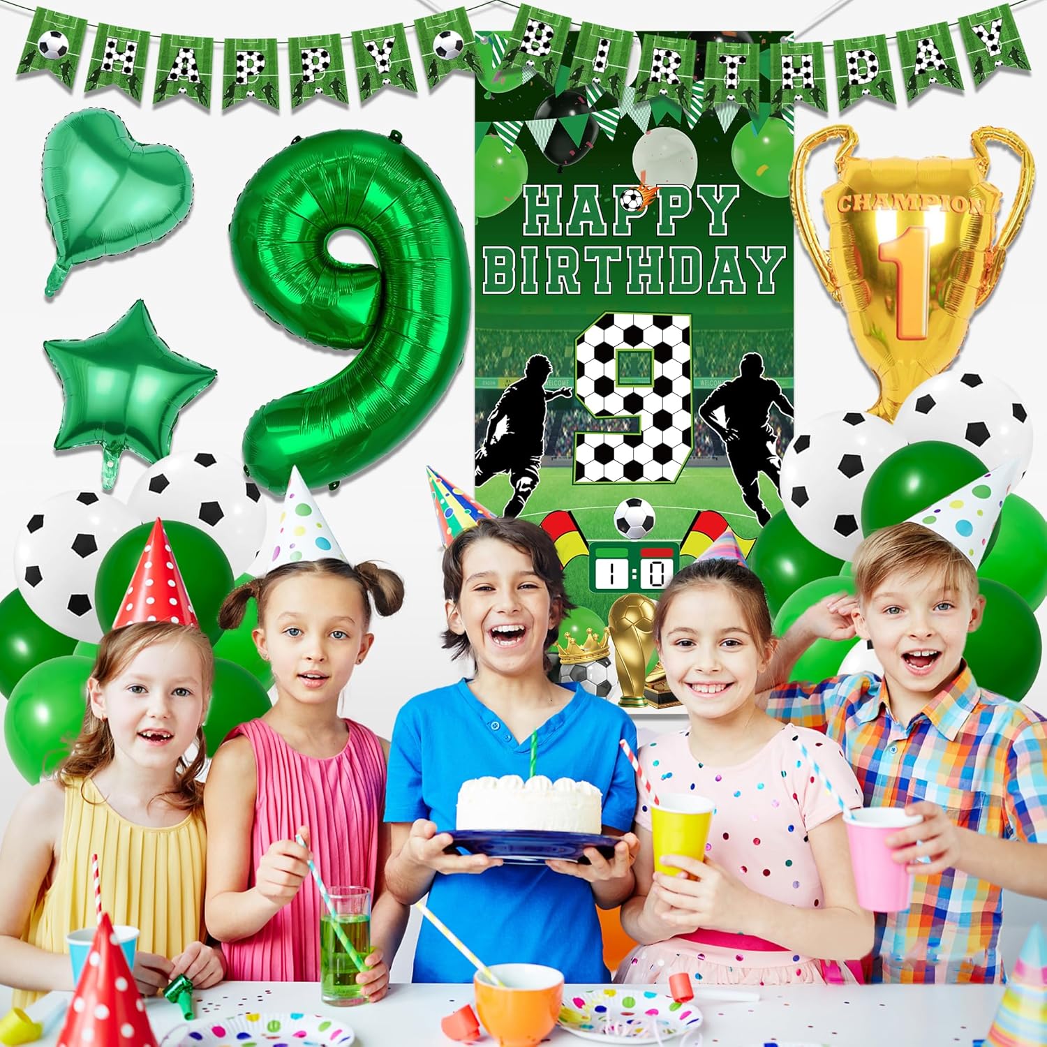 9th Birthday Soccer Party Decorations - 25 Pcs Green Football Theme Banners Backdrop Trophy Number 9 Star Heart Foil Balloons for Boys 9 Years Old Soccer Sports Lover Happy Birthday Decor Supplies - Image 6