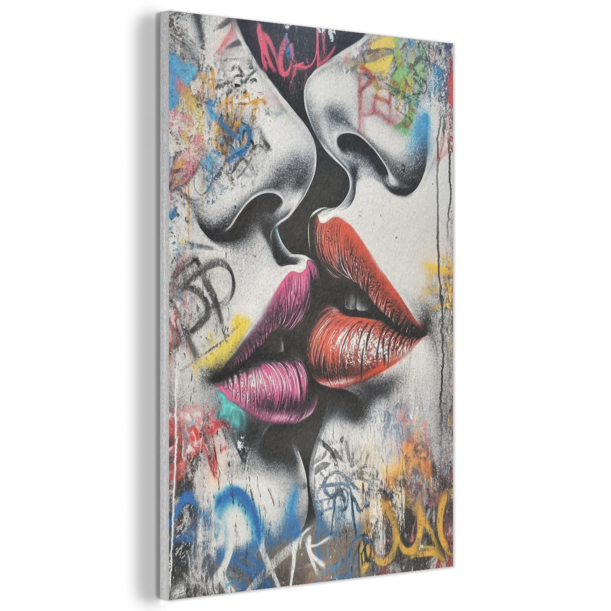 MuchoWow© Wandbilder aus Filz 60x90 cm Wohnzimmer Wanddeko Schlafzimmer Zimmerdeko Wandgemälde Zimmer Deko für die Wand Dekoration Wall Art Straßenkunst - Lippen - Kuss - Graffiti
