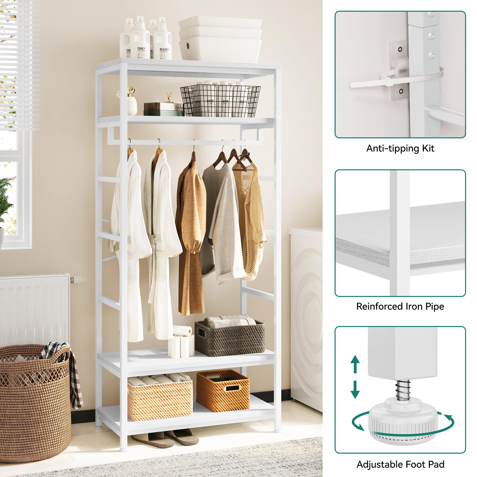 YITAHOME Appendiabiti con Portascarpe, Attaccapanni da Pavimento con 4 Ripiani, Porta Abiti Industriale, Scaffale per Abbigliamento, per Ingresso Corridoio Soggiorno, Bianco