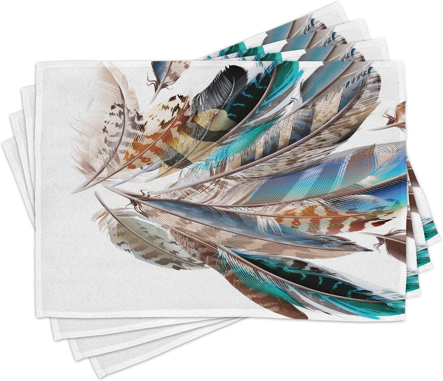Ambesonne Feathers Place Mats Set of 4, Vaned Types and Natal Contour Flight Bird Feathers and Animal Skin Element Print, Washable Fabric Placemats for Dining Table, Standard Size, Teal Brown