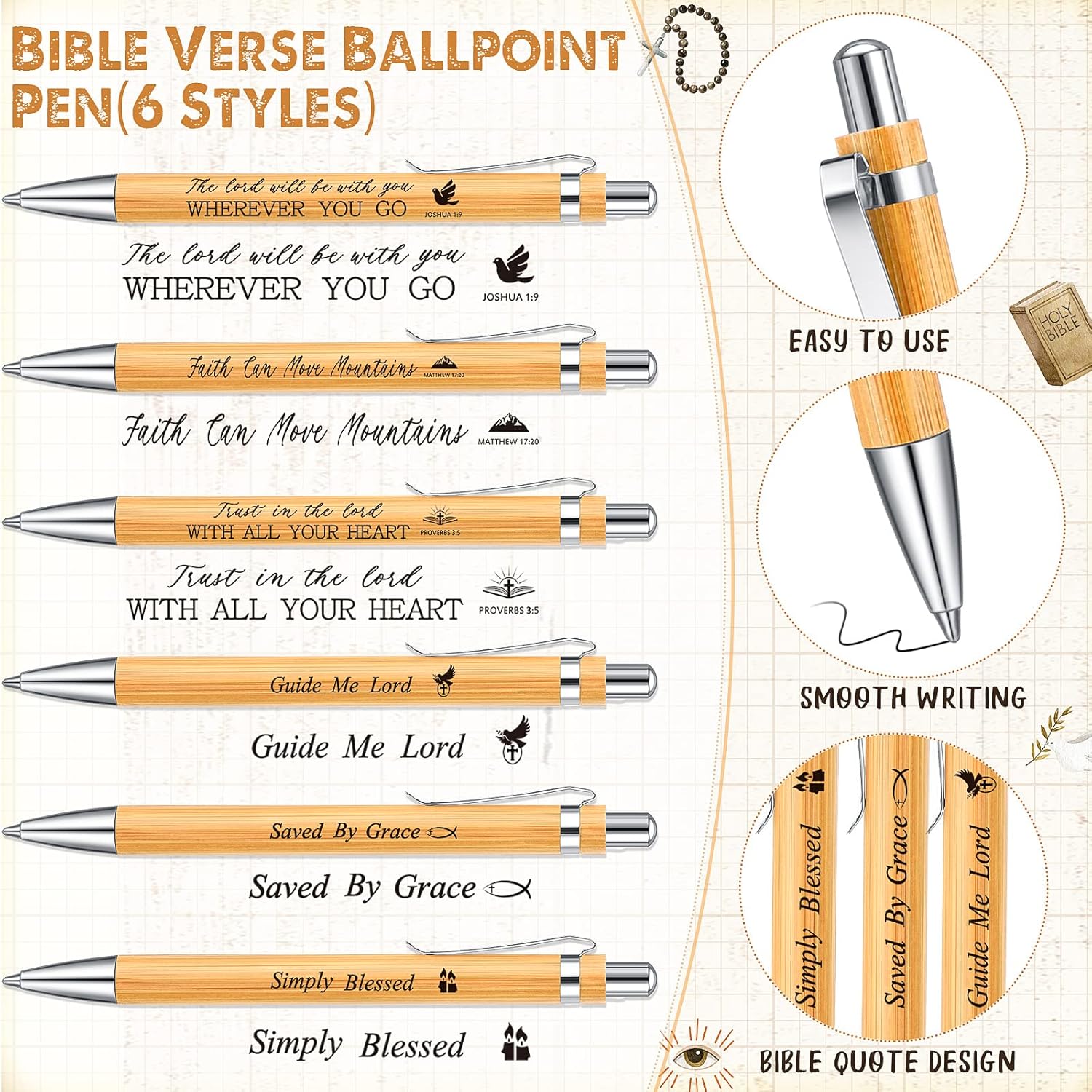 Roowest 100 Pcs Inspirational Bible Verse Bamboo Pens, Christian Ballpoint Pens for Employee Gifts, Journaling & Office Supplies – Black Ink with Velvet Pouches