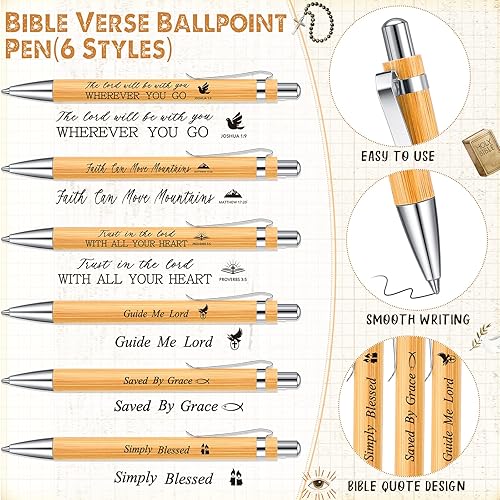 Miniatura 2 de Roowest 24 bolígrafos con versículo bíblico a granel VBS 2025 bolígrafos cristianos de bambú retráctiles inspiradores con bolsas de terciopelo para