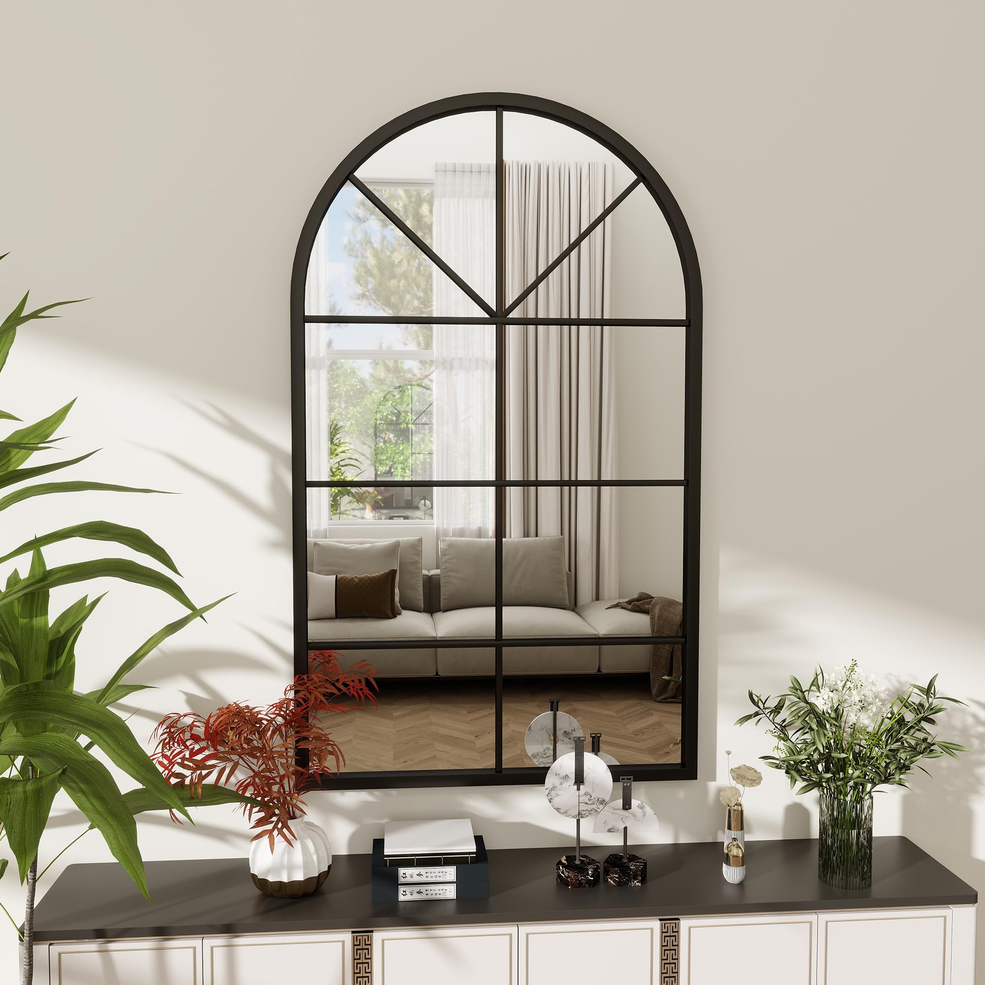 Arched Wall Mirror 24"x42" Window Mirrors for Wall Decor, Black Frame Window Pane Mirror, Arched Top Wall Mirror for Living Room,Bedroom, Entryway