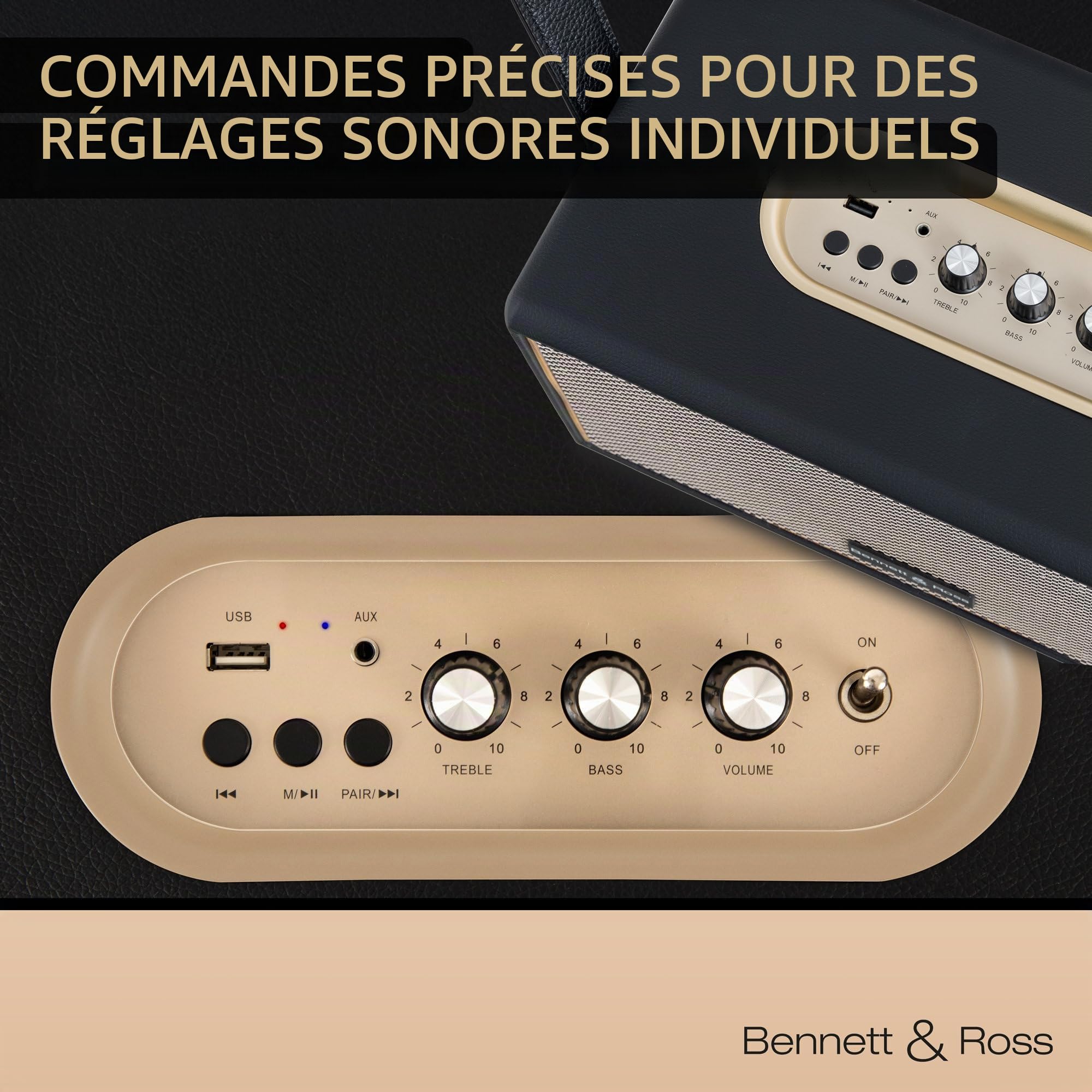 Bennett & BB-860A BK Blackmore Haut-Parleur Bluetooth rétro en Cuir avec accu 6000 mAh - Haut-Parleur Vintage avec 60W - Fonction stéréo True Wireless - Enceinte Noir