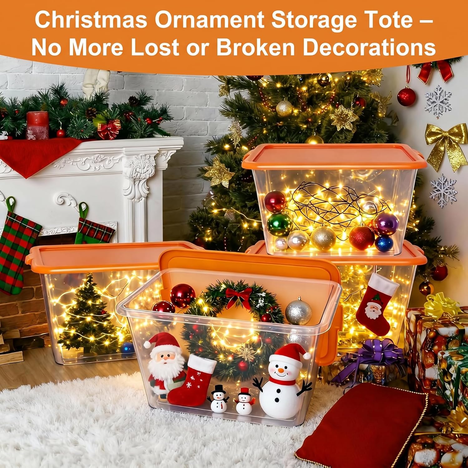 SIMPLYKLEEN Storage Totes with Lids - Made in USA 14.5-Gallon (58-Quart) 4-Pack Orange Storage Bins with Lids Plastic Storage Containers Large Storage Boxes for Organizer Orange/Clear