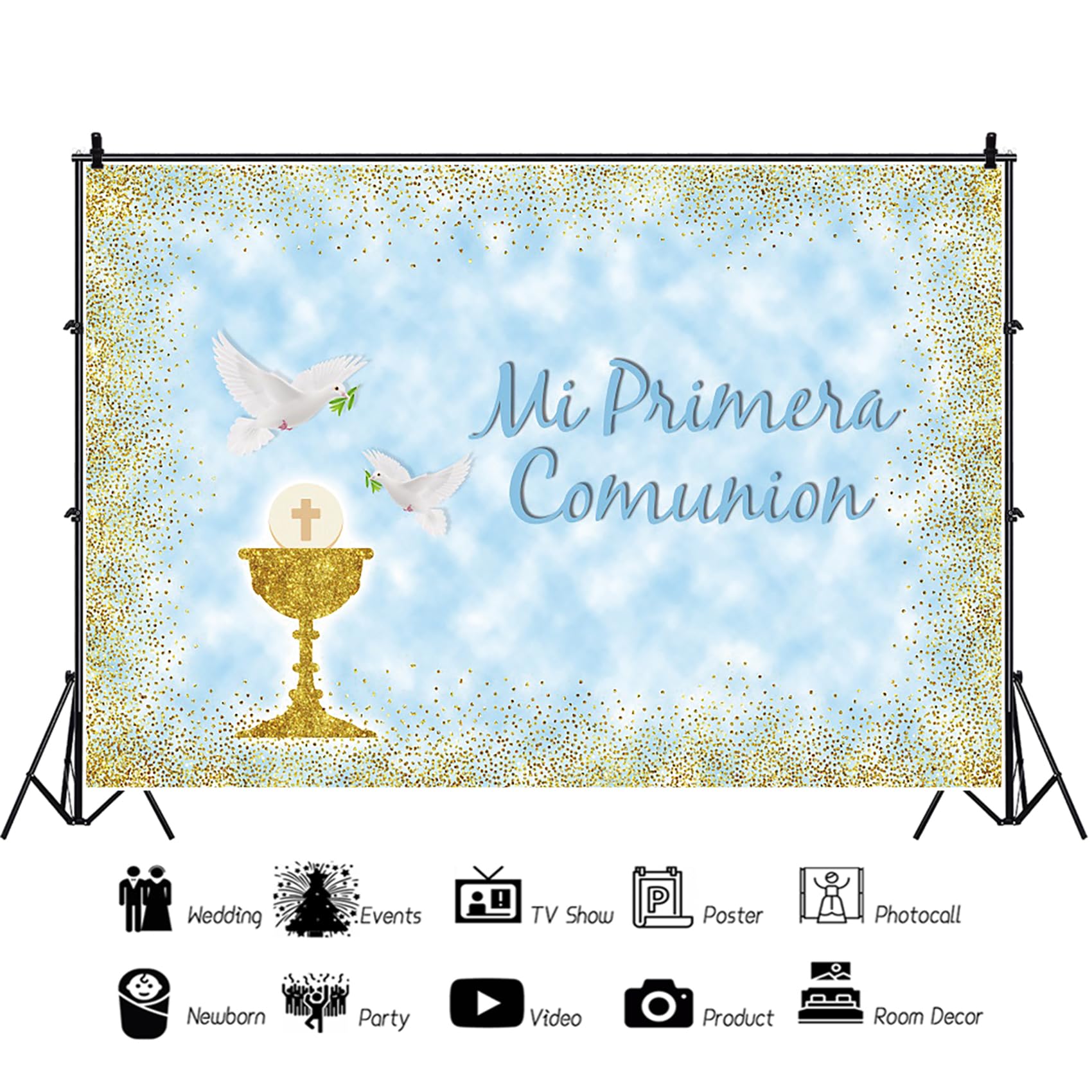 3,5x2,5m Mi Primera Comunion Fondo Palomas Primera comunión Bautismo Fotografía Fondo Azul Oro Puntos Bautizo Baby Shower Telones de Fondo Foto Estudio Accesorios, Vinilo