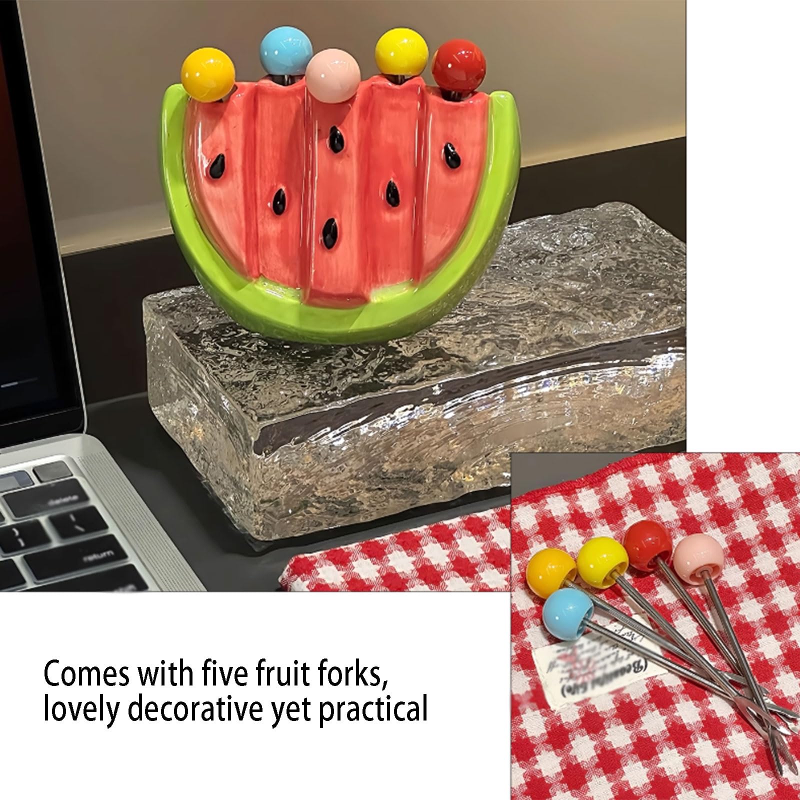 Fourchettes à Dessert, Fourchette à Fruits en Acier Inoxydable avec Boîte de Rangement Céramique en Forme de Pastèque & 5 Fourchettes réutilisables pour Cuisine, Fête