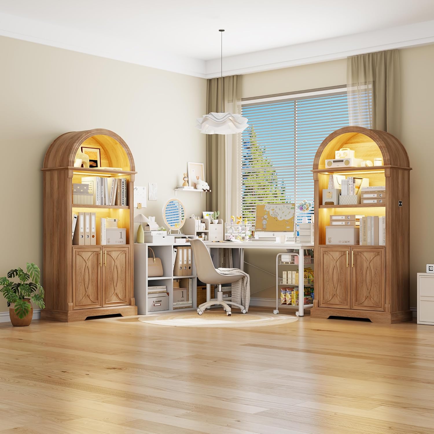 Vlsrka 71" Tall Arched Kitchen Pantry Cabinets, Wood Kitchen Storage Cabinets/Arched Bookshelf/Bookcase,China Cabinet with Open & Adjustable Shelves, Induction LED Light (Brown)