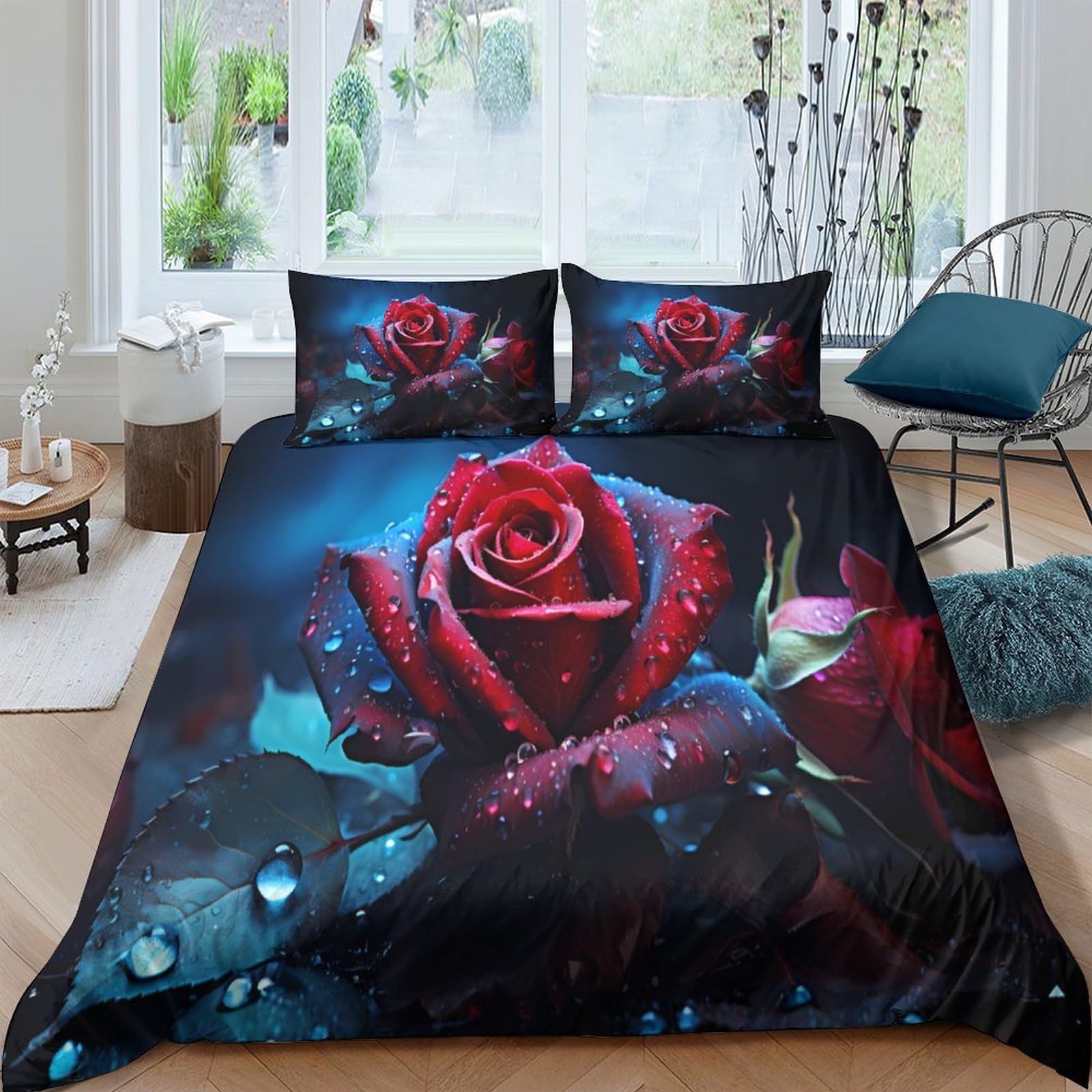 Ctjqhvkz Style-4 3D Printed Red Rose Fitted Sheet Microfiber Soft Black Blue Waterdrop Bed Sheet For Bedroom Guestroom Decor Single（135X200cm）