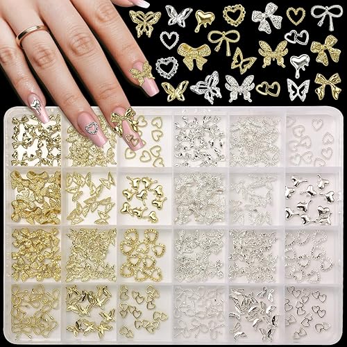 240 Pcs Alloy Gold Silver Nail Charms, Butterfly Heart Bow Gold Silver Nail Char