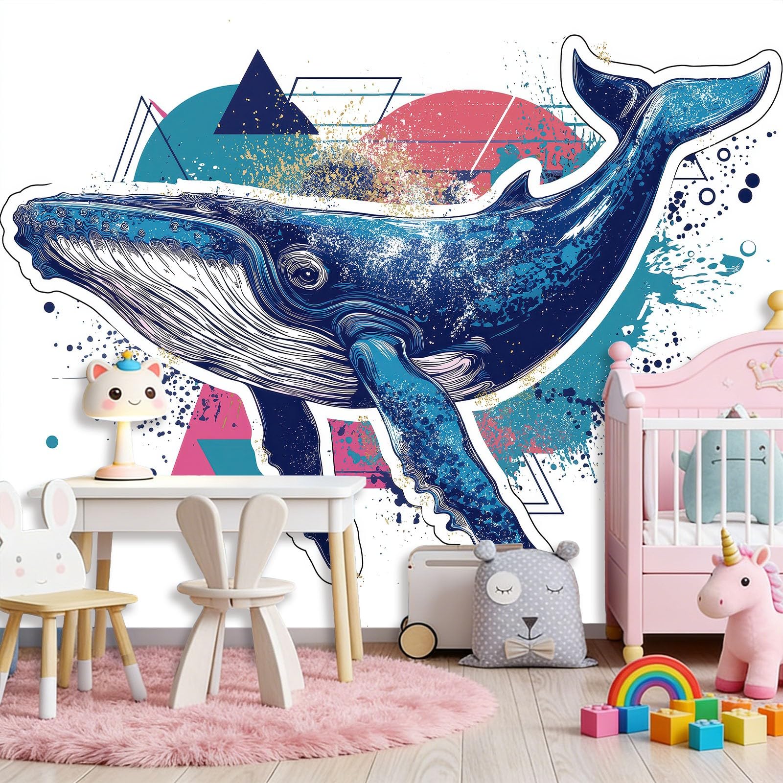 Panoramiczna tapeta 400 x 280 cm, geometryczny wieloryb, dekoracja ścienna do pokoju rozrywki i salonu, niebieska