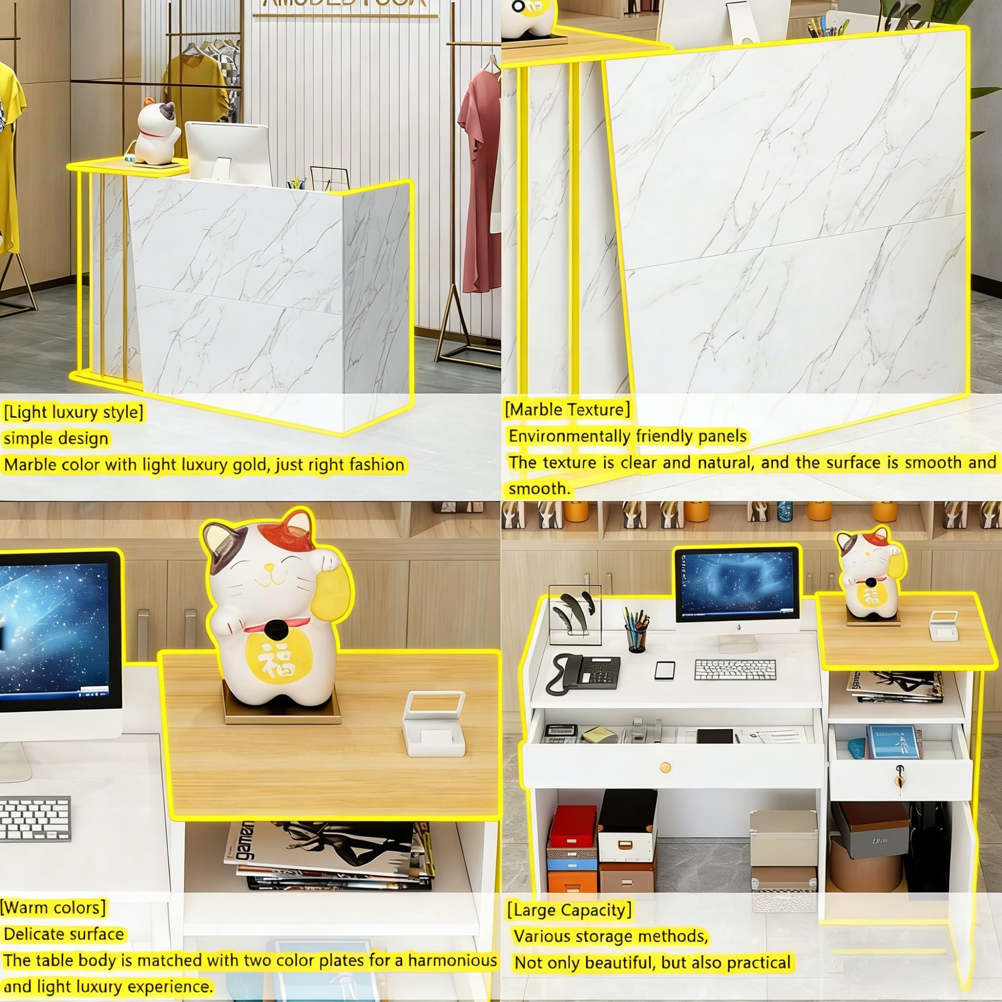 Banco Reception Front Desk Con Armadio Di Stoccaggio E Cassetto Bloccabile, Scrivania Reception Per Negozio, Ufficio, Salone O Vendita Al Dettaglio(Marble,120cm)