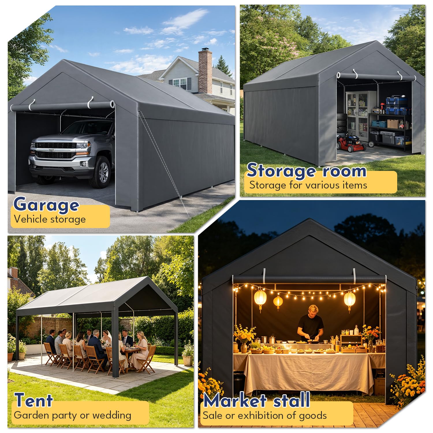 Grand Abri de Voiture 300x600x280 cm, Carport Tente de Garage avec Parois Latérales et Porte Enroulable, Résistante UV Imperméable, Garage Chapiteau pour Voiture, Camion, Bateau