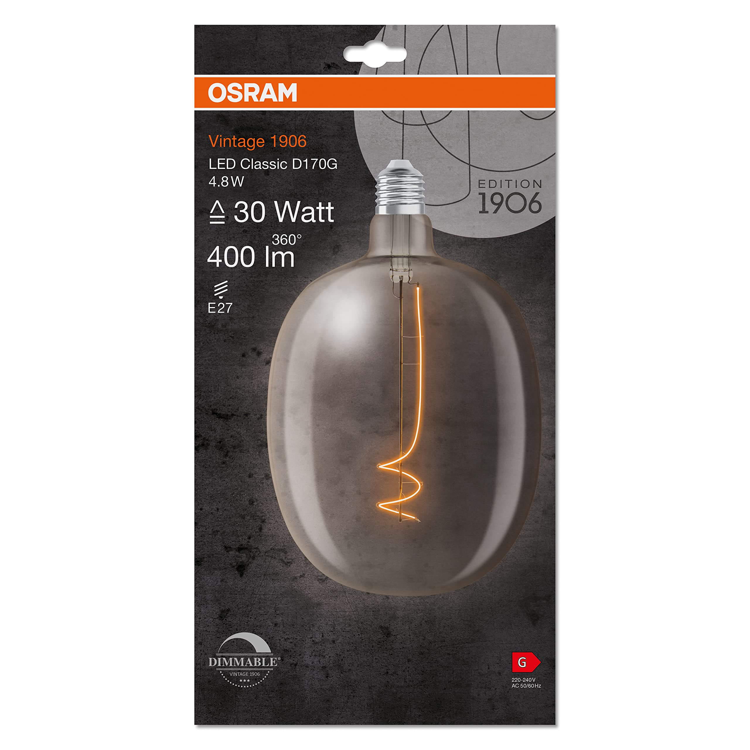 OSRAM Lampada LED Vintage 1906 vetro chiaro, 4,8W, 400lm, forma a palloncino con diametro 170mm e attacco E27, luce bianca calda a 2700K, filamento dimmerabile, durata fino a 15.000 ore