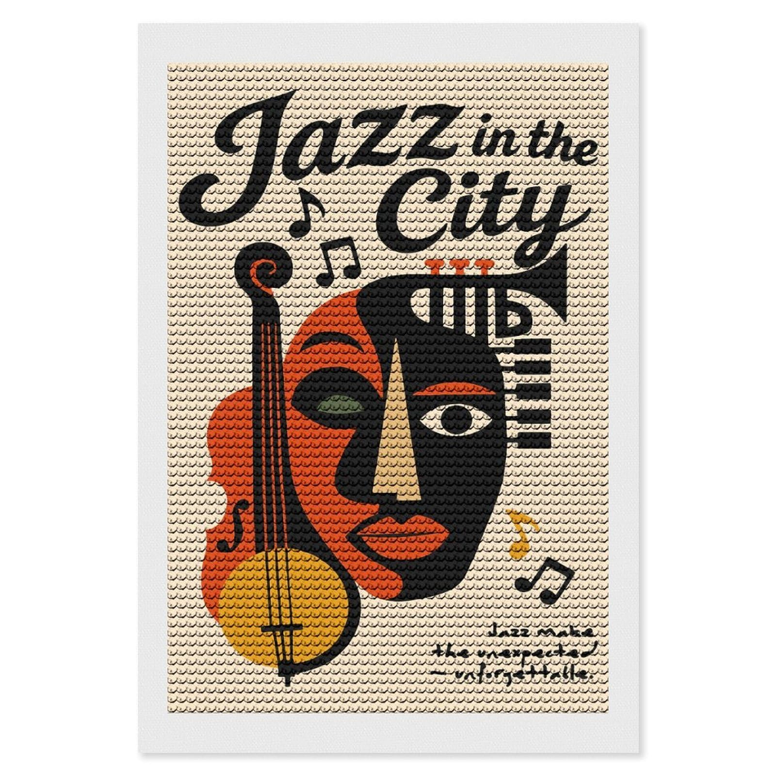 Junmoney Jazz in The City DIY Diamond Art Canvas Kit 8"x12", Adhesive Canvas, Easy to Enjoy, Farmhouse Decor, Festive Craft Gift
