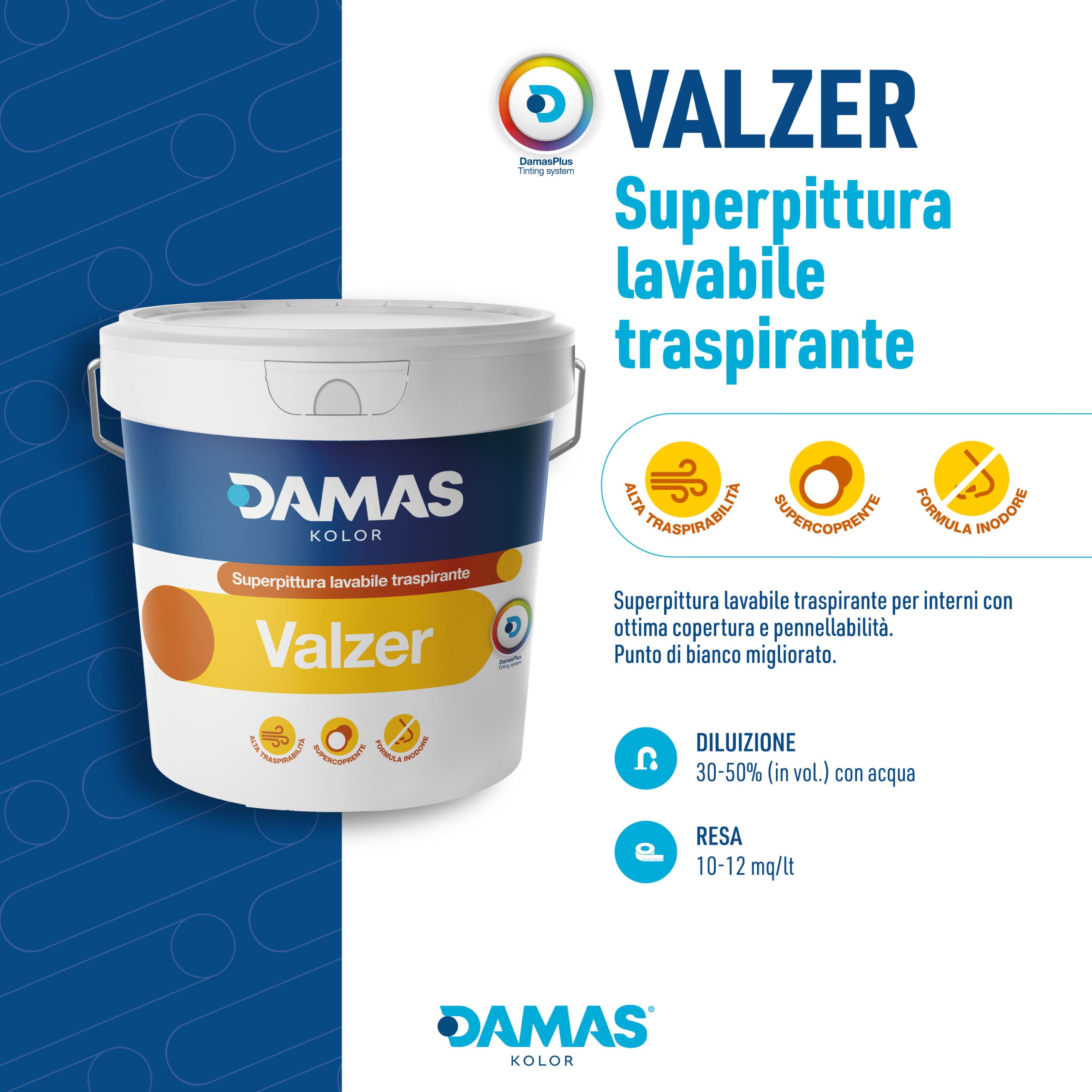 Superpittura Lavabile Traspirante Valzer per Interni 13 L, Pittura Bianca Murale Coprente per Pareti e Soffitti, Finitura Molto Opaca, Ottima Pennellabilità